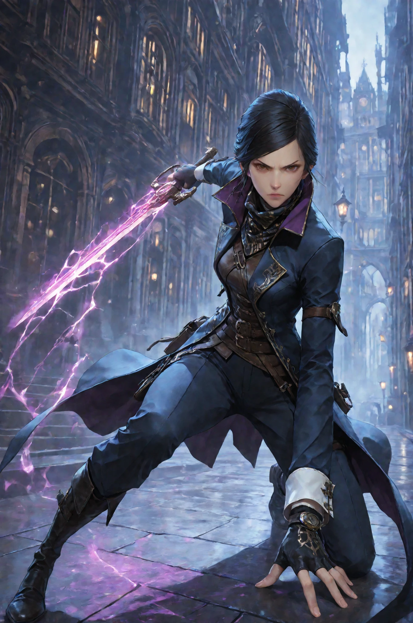 D2_Emily, 1girl, solo, brown eyes, detailed eyes image, E_short black hair, E_dark blue long coat, E_gold embroidery, E_asymmetrical coat, E_face scarf, purple inner lining, E_leather vest, black gloves, fingerless gloves white cuffs, E_pants, E_knee-high black boots with gold zipper details. Action pose, dynamic pose, dynamic action, dynamic angles, dynamic perspective, dynamic color, dynamic light, holding weapon. Serious expression. Anatomically accurate ratio, detailed skin image, detailed face image, the girl is incredibly beautiful, the girl has an incredibly beautiful face, small folds of fabric, steampunk aesthetic, aristocratic warrior, tactical attire. In her right hand she holds a short bladed sword, in her left hand she holds a sinister々intense purple magical energy swirls around, gorgeous effect, The girl is on the roof of Dunwall building from videogame Dishonored, two hands, two legs, five fingers on each hands, best quality, vibrant, very aesthetic, high contrast, semrealistic, newest, (masterpiece, detailed:1.2), proper lighting, proper shadows, extremely detailed CG unity 8k wallpaper, perfect lighting, colorful, ultra-high resolution, detailed background.