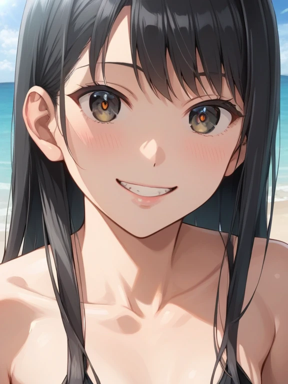 anime screencap, anime_core, score_9, score_8_up, score_7_up, anime screencap, h1nats0r0, black hair, 1girl, ponytail, long hair, purple eyes, Smiling, looking at the viewer, blue theme, blue background, cloudy sky, sunlight, sweat, , bikini swimsuit, large , , belly button , collarbone, thighs, sea and beach,