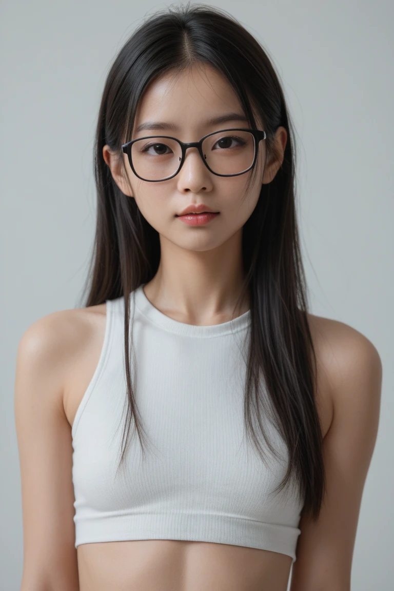 black-framed round glasses, two braids, black hair, chinese girl, 17 years old, slim dancer-body, high detailed, sharp focus, photorealism,huge tits,,full body