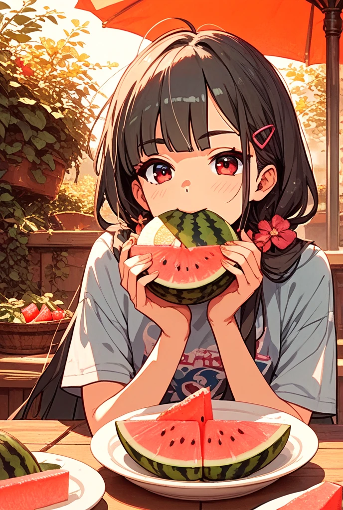 Photorealistic、（whole body、smile、hairpin、A hairstyle that reveals a large forehead、A hairstyle parted in the middle）、I have a watermelon slice cushion.