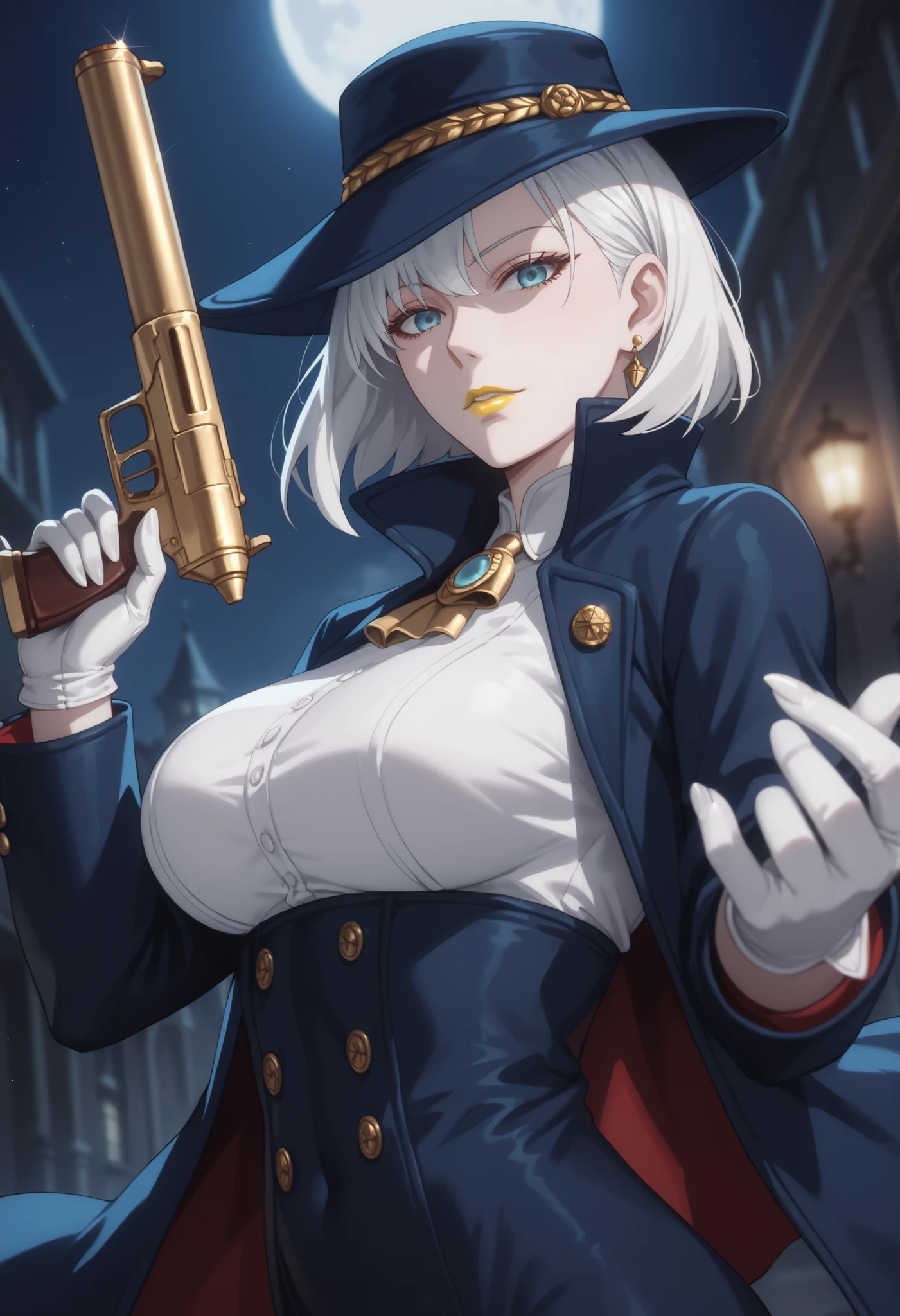 woman, large breasts, anime style, yellow lipstick, bright blue eyes, white hair, white skin, blue hat, white blouse, open blue suit, night, dark environment, looking at viewer, focus on character, chiaroscuro moon, holding a gun, side view, open arms, blank stare, Fiona Frost, SPY X FAMILY