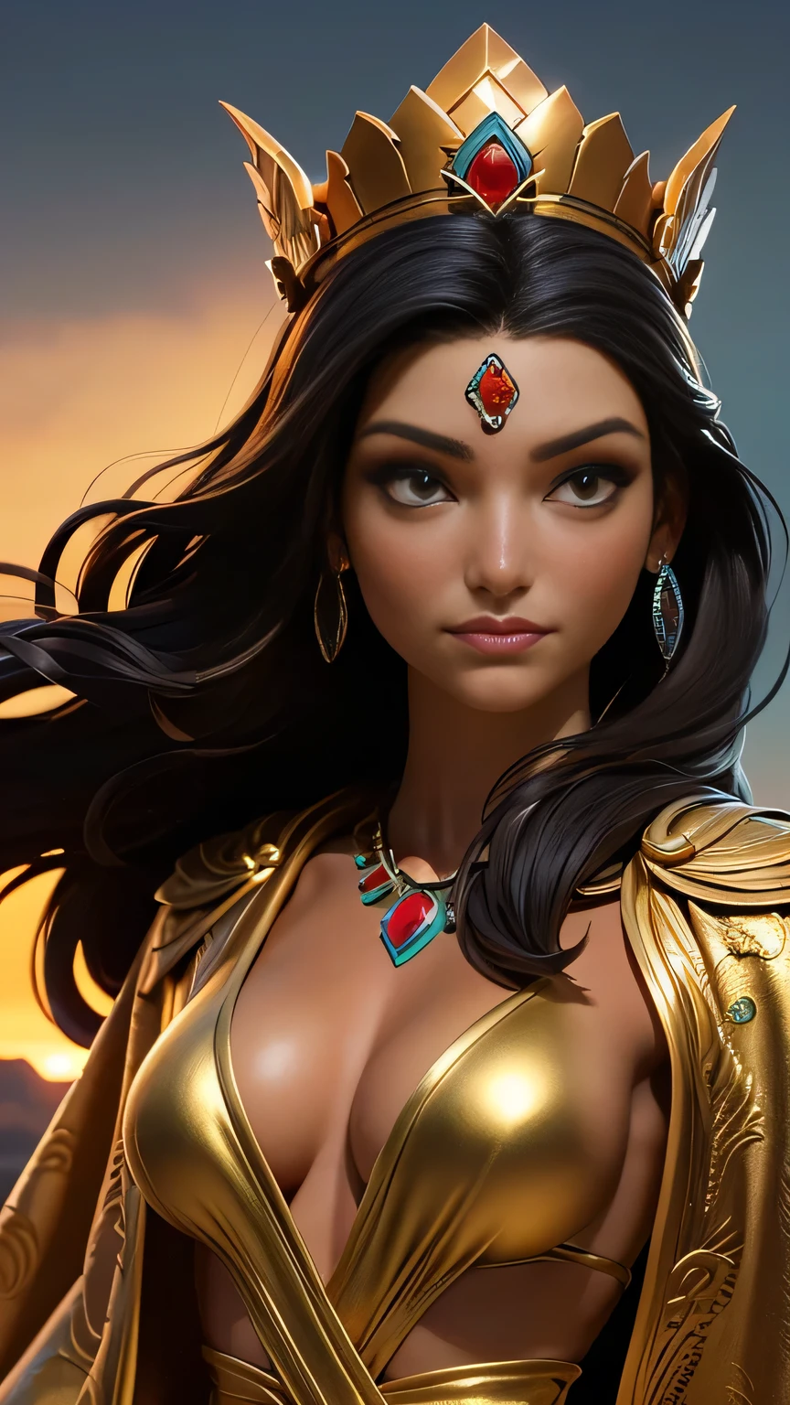 RAW digital art, ultra-realistic 3D render of a stunning woman resembling Native American Woman, Pocahontas, Close-Up portrait, ((young woman)), ((highly detailed face:1.3)), ((perfectly portioned body, perfect female figure, skinny, slim, narrow hips:1.3)), ((seductive gaze)), ((flawless skin texture, long eyelashes, expressive eyes with subtle reflections, makeup)), ((perfect breasts, medium breasts:1.4)), ((smooth yet detailed hair strands, long dark as night hair, shiny hair: 1.2)), soft shadows and cinematic studio lighting, Pixar-inspired style blending vibrant colors with realistic details, ((wearing a Persian golden robe crowned with a diadem of turquoise and lapis:1.25)) on a desert cliff at sunrise, the Simurgh spreading its radiant wings across the horizon, One leg bent slightly at the knee, fingertips grazing her thigh, serene expression, background softly blurred with warm tones, (8K resolution, intricate textures, sharp focus)