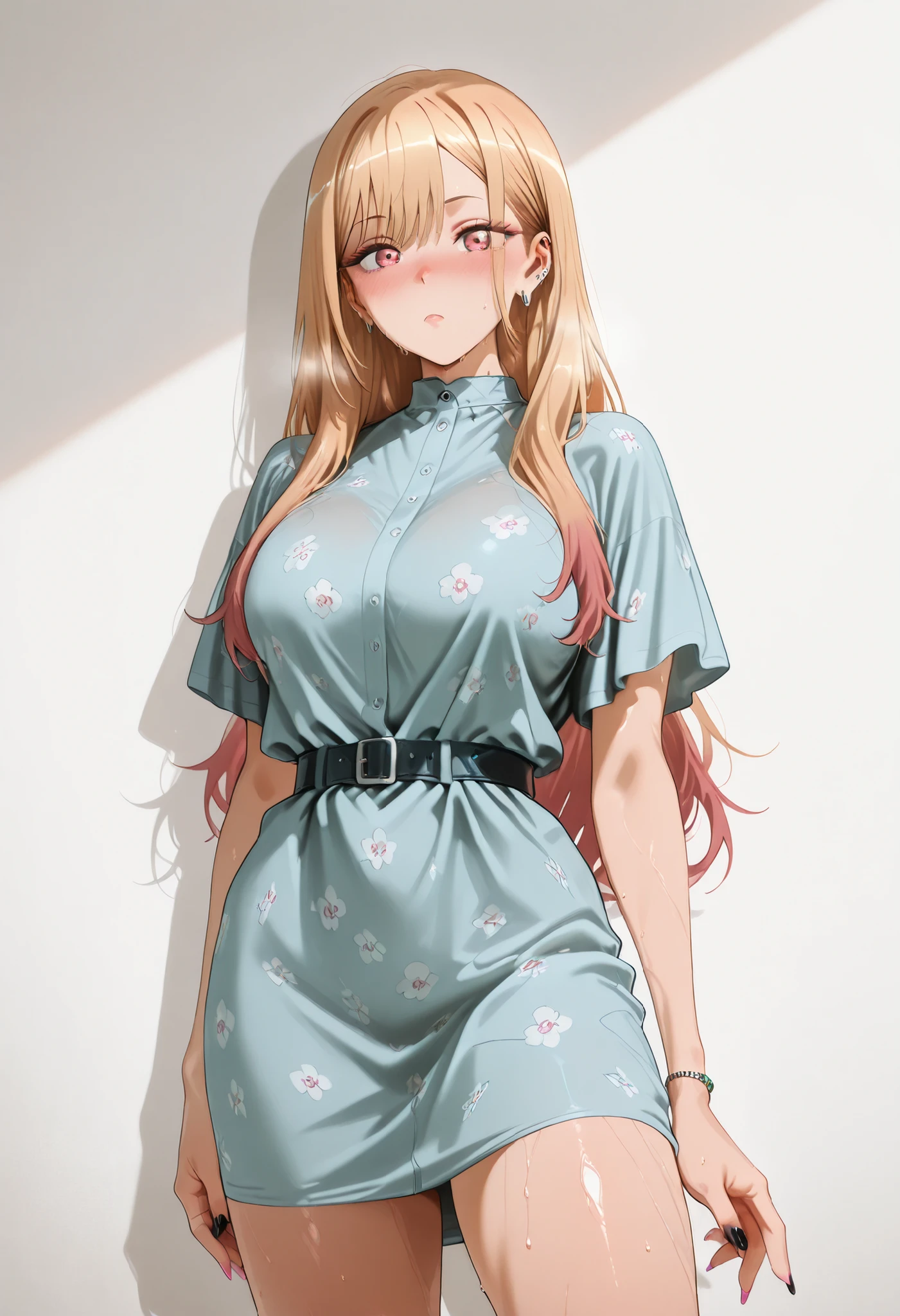 marin kitagawa, large , thic thigh,, multicolored hair, blonde hair, long hair, magenta eyes, ear piercing, earrings, pink nails, makeup,, nice legs, looking at viewer, solo, looking at viewer, nose blush, shiny legs, shiny body, shiny hair, clear skin, clear body, sweat, sweaty, sweaty:1.3, ,,, standing, nice legs, solo, ,, , white background, empty background,,,
, black nails, floral print dress, belt