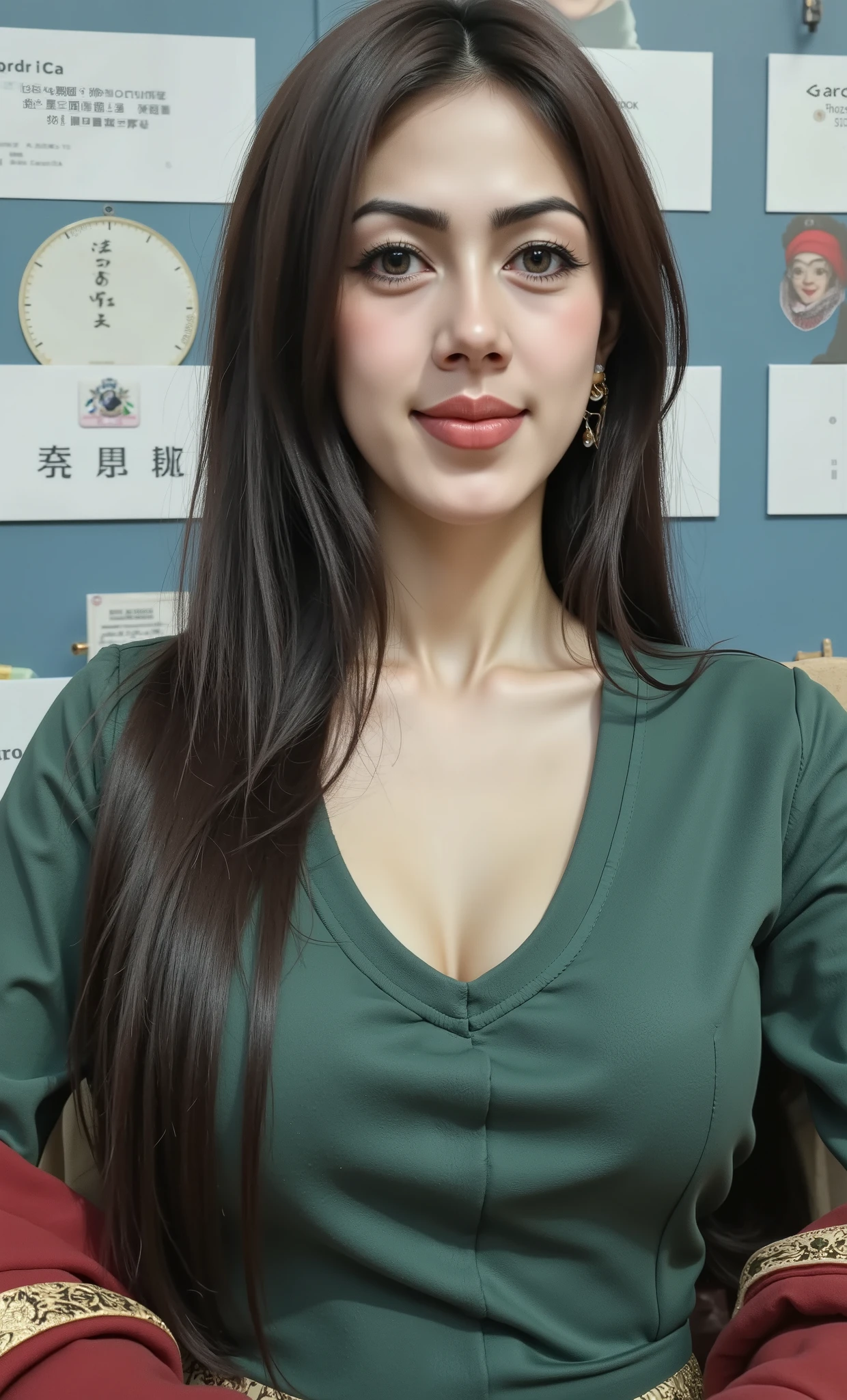 hyper HD, Masterpiece, Textured skin, 4K, Best quality of potrait a Beautiful hijab asian woman white fairy skin wearing dress , close-up half body , perfect hijab, detail veil , hyper realistic scarf and ornate on her side big back head hijab on likely hijab bun style , happy vibes, beauty smile , open mouth showing teeth , smiling confident , huge breast , perfect hands , auto correct detail fingers.