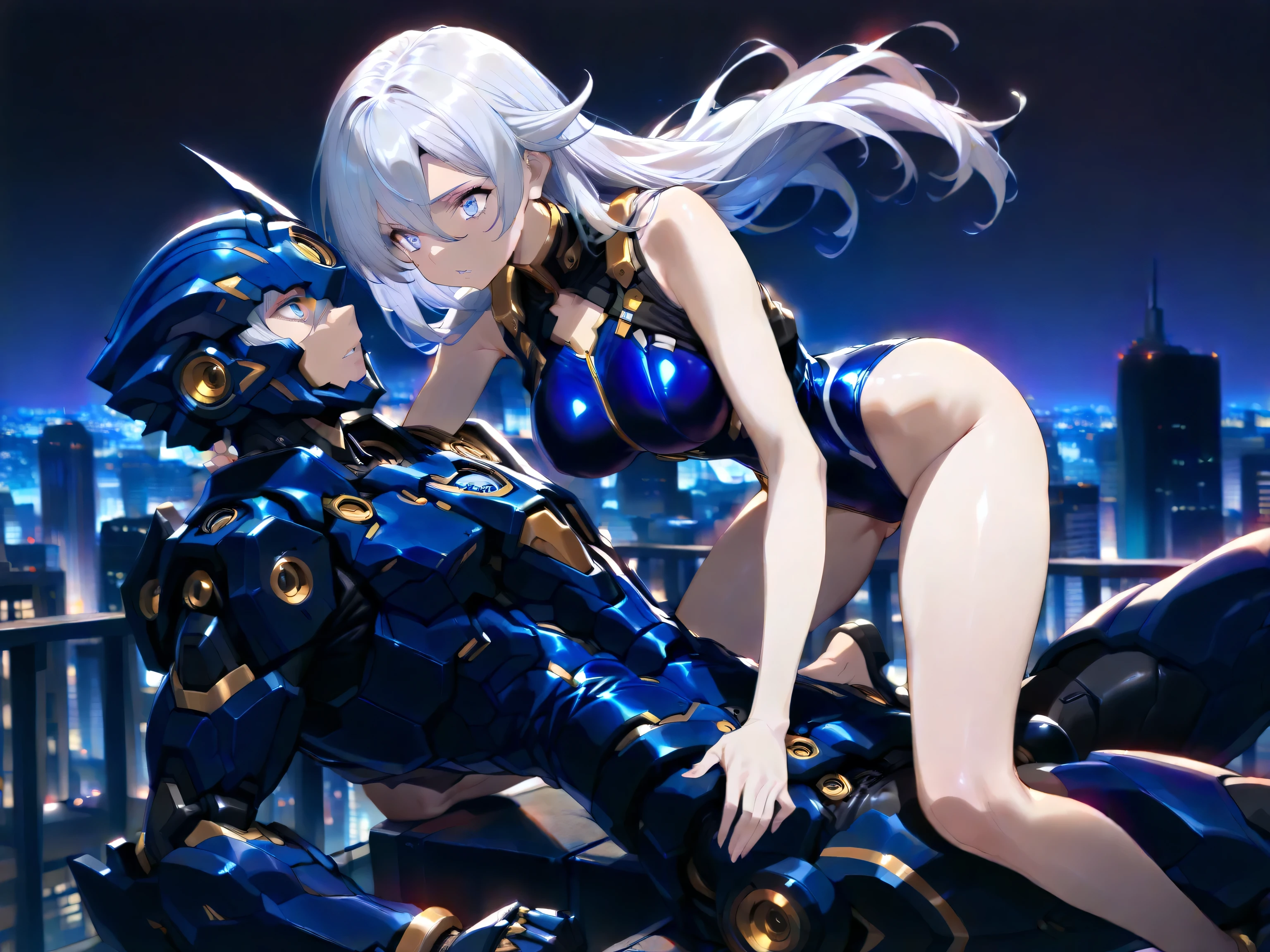 (masterpiece), (best quality), (ultra high resolution), (ultra detailed), High definition RAW color art, animation,sculpture, Silver Marble Skin, Ultra detailed elegant, finely detailed color, cenematic painting, (Top image quality), (Ultra Detailed), Dystopian atmosphere, (Facing forward), top quality, masterpiece, (((only 1 girl))), Silver Hair, white hair, ((Long hair)), (deep blue eyes:1.6), night, urban, ((cybernetic blade)), ((high leg)), ((bare legs)), ((sleeveless)), battle suit, bodysuit, mecha suit, black suit, skyline, ((city background:1.2))