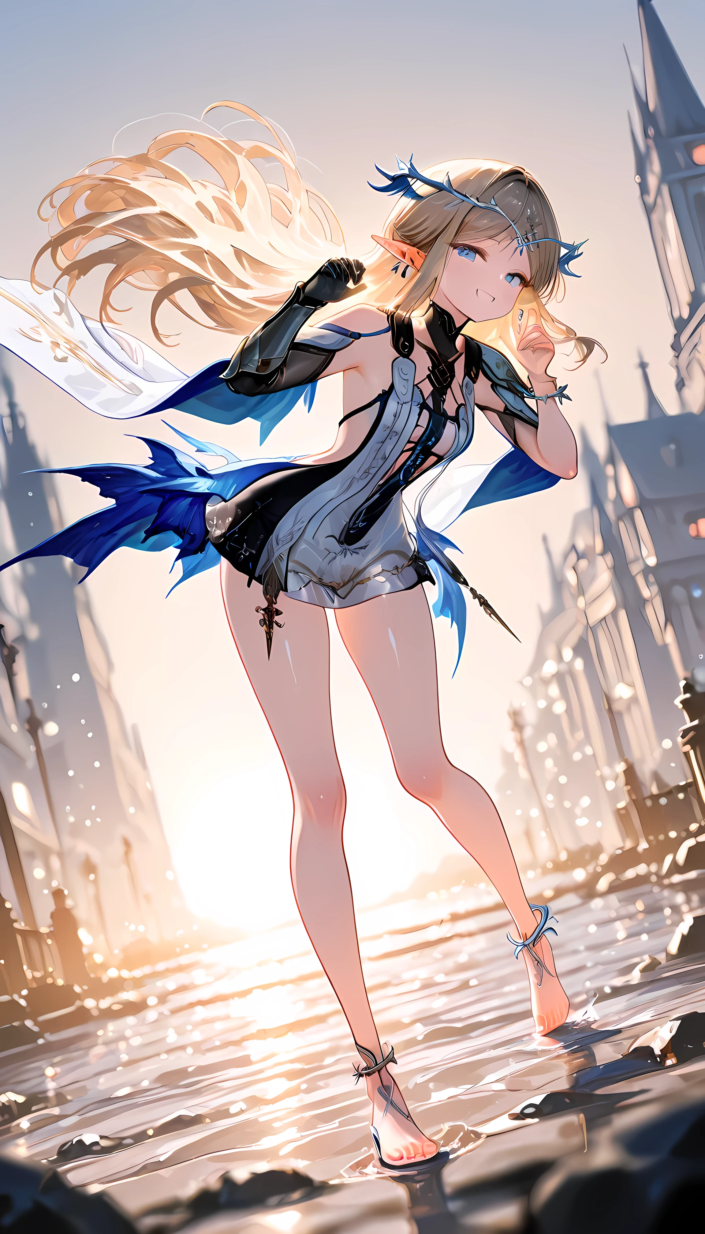 Score_9, Score_8_up, Score_7_up, Score_6_up, Score_5_up, Score_4_up, Source_authentic, masterpiece, best quality, amazing quality, very aesthetic, high resolution, ultra-detailed, absurdres, newest, scenery,(depth of field:1.5),
(super fine illustration,professional quality,ultra high res), beautiful detailed eyes,
(high brightness),
break
cartethyia, 
circlet, earrings, blue strap, detached cape, bracelet, anklet, white heels,fleurdelys, circlet, single horn, earrings, single pauldron, single gauntlet, anklet, barefoot,

(((extremely detailed background)), Lots of elements in background,((super-detailed background)), outdoor,((8K wallpaper)), 
1girl, 
Smiling face, Glossy eyes, Animated, Seductive, Erotic, Glossy skin Thighs, Sexy, 
(Cute Illustration: 1.3), (High Saturation: 1.3), Cute face and eyes, 
Dynamic lighting, stylish, random pose, looking at viewer, 
(Dutch angle: 1.2),(dynamic angle: 1.2),