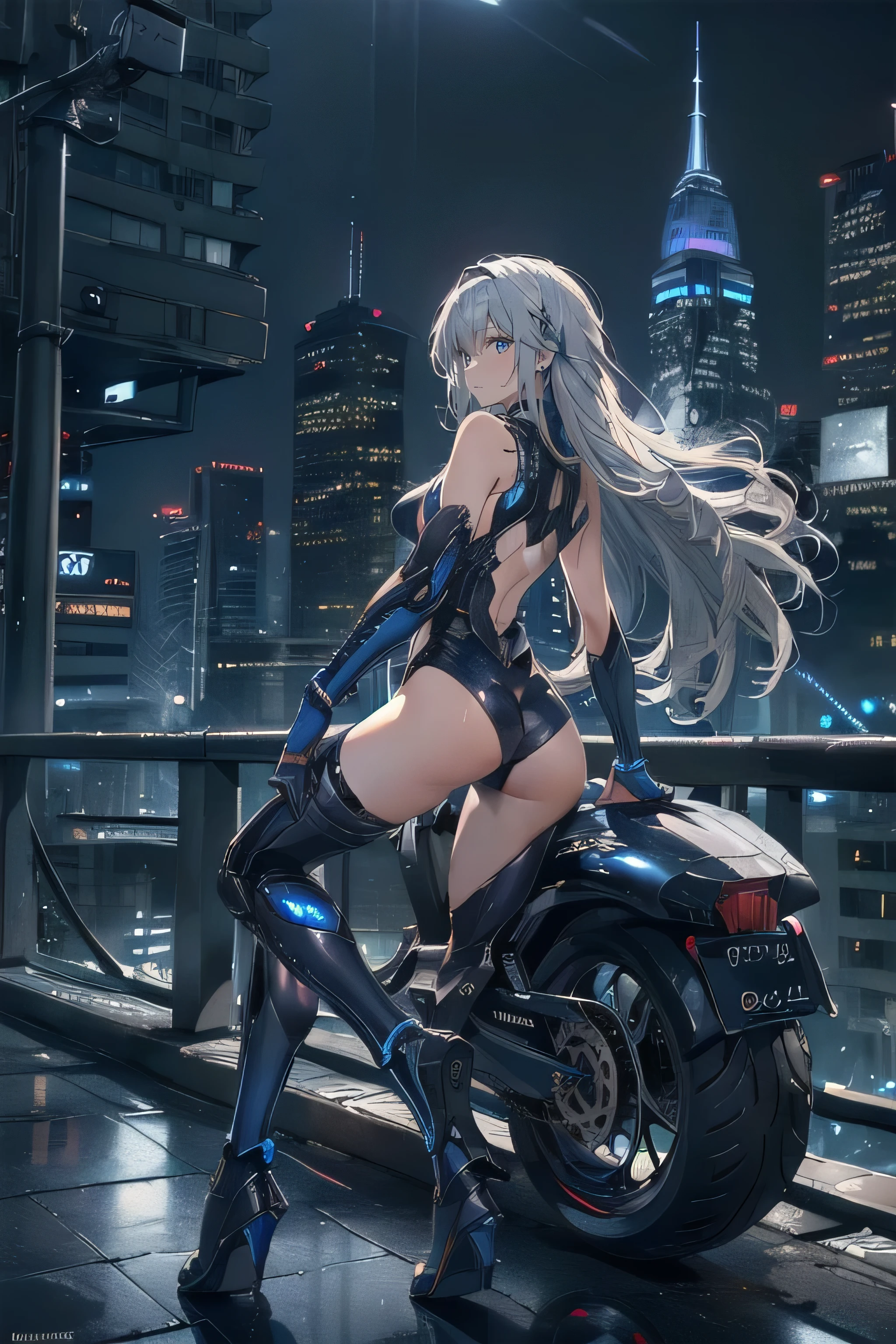 (masterpiece), (best quality), (ultra high resolution), (ultra detailed), High definition RAW color art, animation,sculpture, Silver Marble Skin, Ultra detailed elegant, finely detailed color, cenematic painting, (Top image quality), (Ultra Detailed), Dystopian atmosphere, back view, standing, motorcycle, top quality, masterpiece, (((only 1 girl))), Silver Hair, white hair, ((Long hair)), (deep blue eyes:1.6), night, urban, ((cybernetic blade)), ((high leg)), ((bare legs)), ((sleeveless)), battle suit, bodysuit, mecha suit, black suit, skyline, ((city background:1.2))
