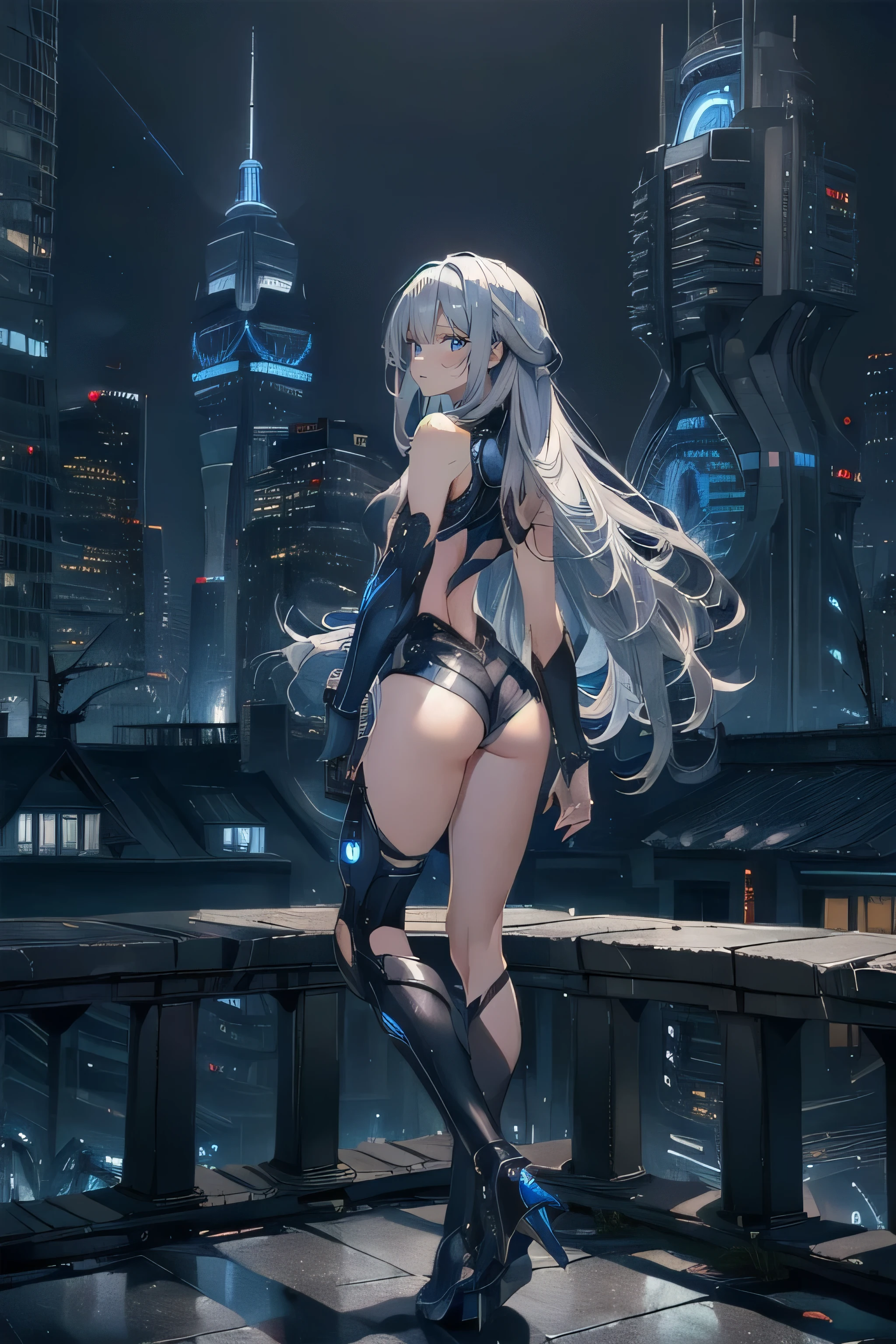 (masterpiece), (best quality), (ultra high resolution), (ultra detailed), High definition RAW color art, animation,sculpture, Silver Marble Skin, Ultra detailed elegant, finely detailed color, cenematic painting, (Top image quality), (Ultra Detailed), Dystopian atmosphere, back view, standing, motorcycle, top quality, masterpiece, (((only 1 girl))), Silver Hair, white hair, ((Long hair)), (deep blue eyes:1.6), night, urban, ((cybernetic blade)), ((high leg)), ((bare legs)), ((sleeveless)), battle suit, bodysuit, mecha suit, black suit, skyline, ((city background:1.2))