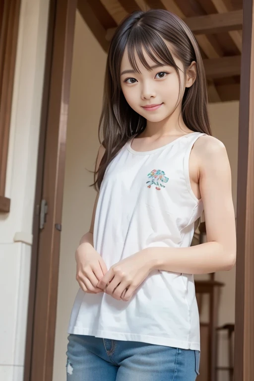 hight resolution、high-level image quality、in 8K、Real live-action、Raw photography、top-quality、​masterpiece、超A high resolution、Raw photo、ren、Beautiful fece、masutepiece、
((((Japan elementary school students))))、Japan Girl、((8years old))、((with round face))、((Tanuki face))、((Cute little face))、(((((Shy laughter)))))、(((((8years old)))))、(((a junior idol in Japan)))
de pele branca、((chubby figure))、Juvenile physique、Smaller ?????、kne、 thighs thighs thighs thighs、独奏、fullllbody、Very nice、
（Photorealsitic：1.37）、Photon mapping、Realistic、Radio City、Physically Based Rendering、depth of field rally background、a picture、Sparkling eyes、shiny lip、too bright natural light、The Bright Sun、Too bright sunlight、Only one person,
((???????????????))、For adults、charm of 、absurderes、
(((white tank tops)))、((White ?????,Red bow,Red ribbons、?????????))、Tank Tops、Sleeveless, legs spread out、Open your ??????、Show off、(The background is the gymnasium)