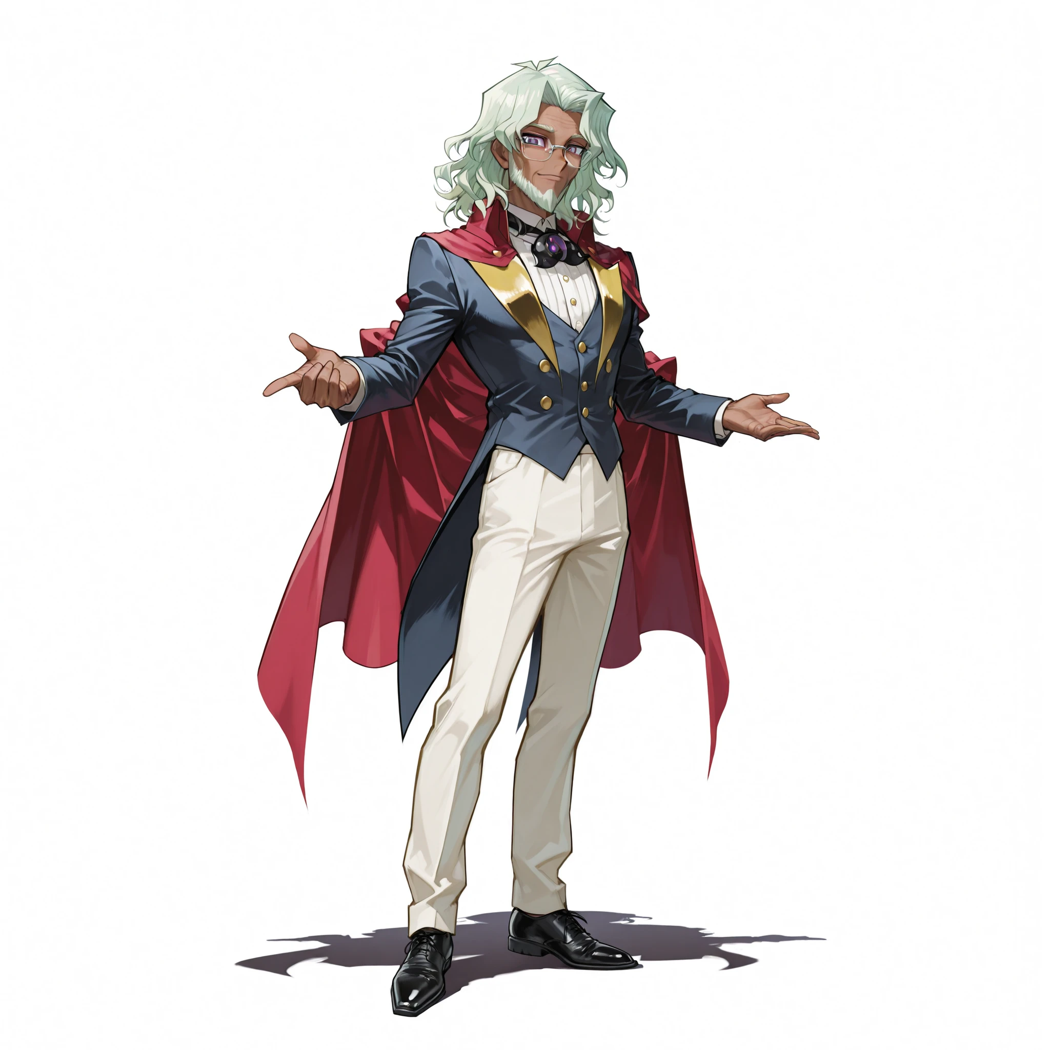 (male), (old man), beard, (slim body), (light green hair), (short wavy hair), (purple eyes), (clear glasses), (confident expression), (dark skin), (solo), (single character), (full body version), (white background), (no background), (highly detailed), (shadow), (standing pose), (natural light), (detailed outfit), (detailed hand), (detailed face), (detailed hair)
Wearing a formal casual aristocrat suit: elegant dark blue suit jacket with golden buttons, white dress shirt with loose collar, slim black trousers, black leather shoes, and a decorative cravat tied casually around the neck, red and white cloak, (Yu-Gi-Oh style art)