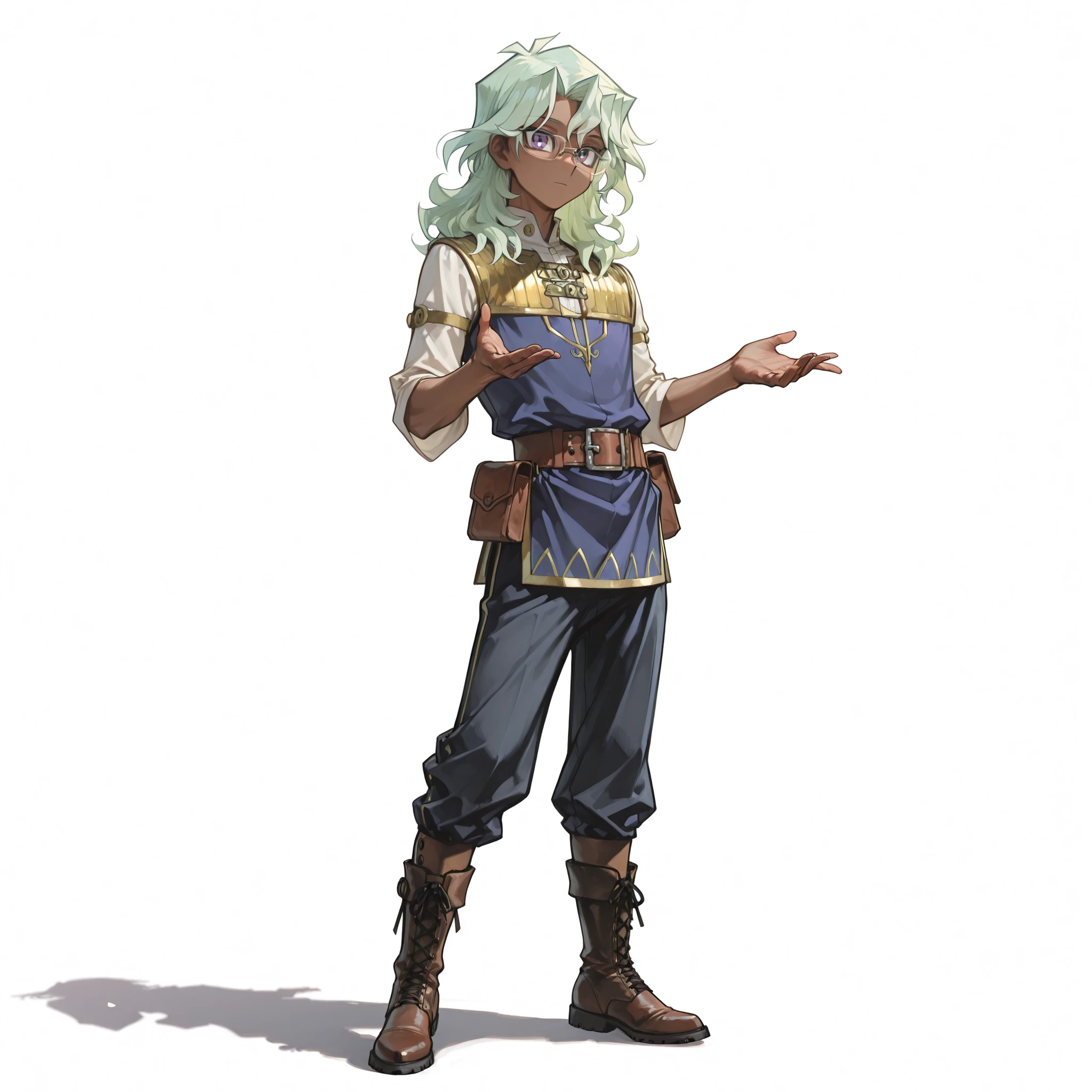 (male), ( boy), (slim body), (light green hair), (short wavy hair), (purple eyes), (clear glasses), (calm expression), (dark skin), (solo), (single character), (full body version), (white background), (no background), (highly detailed), (shadow), (standing pose), (natural light), (detailed outfit), (detailed hand), (detailed face), (detailed hair)
Wearing an elegant medieval rich city boy outfit: fine blue tunic with gold embroidery, white undershirt, short dark trousers, small leather boots, and a decorative belt with a small pouch, giving a noble yet youthful appearance. (Yu-Gi-Oh style art)