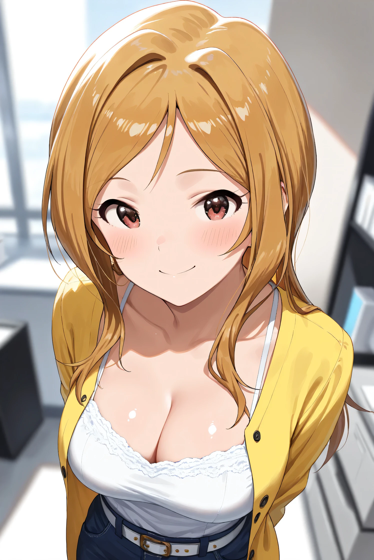 (Masterpiece), (Highest quality), (Very detailed),
(The best shape), (Best Shadow), (Absurd),
(Detailed background), (So beautiful), (Shiny),
(Extraordinary), (Countershading), (8k), (32K),
(High resolution), (Very Detailed CG), (UHD),
(Score_9), (Score_8_up), (Score_7_up),
(Source_anime), (Pastel painting:1.2),
(Watercolor painting:1.2),(Masterpiece, Detailed:1.2), (Foreshortening:1.2),
(Cinematic), (Dramatic), (Depth of field:1.4),
(Blurry background:1.4), (Realistic background:1.4),
(Dynamic angle), (1 girl),
(indoor), (office),
(Casual wear:1.3),
white camisole, open shirt, yellow shirt,
jeans, white belt,
(Portrait), (Focus on face), (Close up shot),
(Blush:1.3), (Happy), (Smile),
(Arms behind back),
(Realistic skin), (Shiny skin),
(Momose Rio),
(The idolmaster million live!),
(mirishita),
IMMomoRio, long hair, breasts, blonde hair, brown hair, red eyes, medium breasts, brown eyes, parted bangs, large breasts,