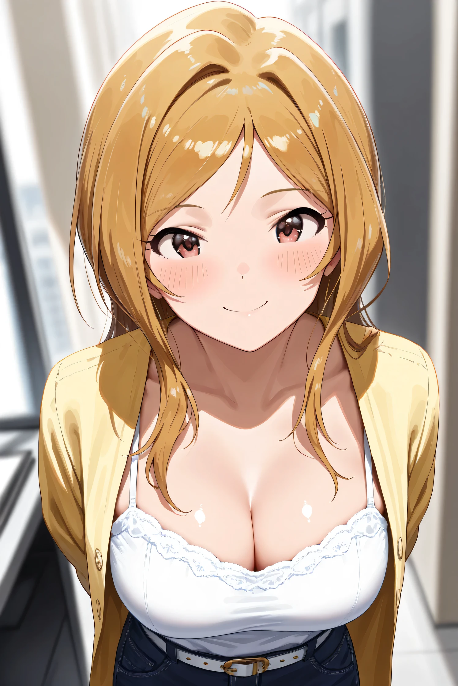 (Masterpiece), (Highest quality), (Very detailed),
(The best shape), (Best Shadow), (Absurd),
(Detailed background), (So beautiful), (Shiny),
(Extraordinary), (Countershading), (8k), (32K),
(High resolution), (Very Detailed CG), (UHD),
(Score_9), (Score_8_up), (Score_7_up),
(Source_anime), (Pastel painting:1.2),
(Watercolor painting:1.2),(Masterpiece, Detailed:1.2), (Foreshortening:1.2),
(Cinematic), (Dramatic), (Depth of field:1.4),
(Blurry background:1.4), (Realistic background:1.4),
(Dynamic angle), (1 girl),
(indoor), (office),
(Casual wear:1.3),
white camisole, open shirt, yellow shirt,
jeans, white belt,
(Portrait), (Focus on face), (Close up shot),
(Blush:1.3), (Happy), (Smile),
(Arms behind back),
(Realistic skin), (Shiny skin),
(Momose Rio),
(The idolmaster million live!),
(mirishita),
IMMomoRio, long hair, breasts, blonde hair, brown hair, red eyes, medium breasts, brown eyes, parted bangs, large breasts,