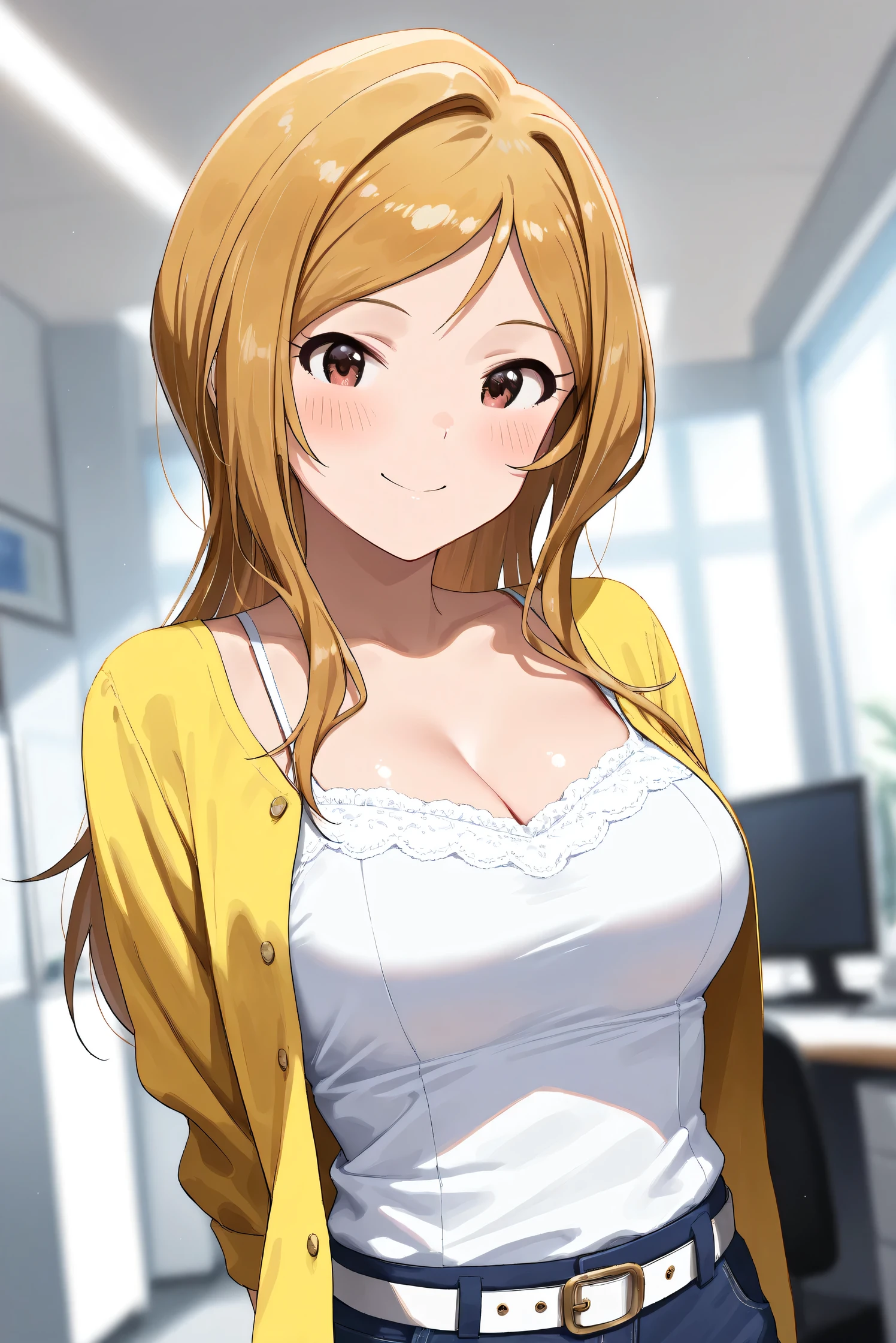 (Masterpiece), (Highest quality), (Very detailed),
(The best shape), (Best Shadow), (Absurd),
(Detailed background), (So beautiful), (Shiny),
(Extraordinary), (Countershading), (8k), (32K),
(High resolution), (Very Detailed CG), (UHD),
(Score_9), (Score_8_up), (Score_7_up),
(Source_anime), (Pastel painting:1.2),
(Watercolor painting:1.2),(Masterpiece, Detailed:1.2), (Foreshortening:1.2),
(Cinematic), (Dramatic), (Depth of field:1.4),
(Blurry background:1.4), (Realistic background:1.4),
(Dynamic angle), (1 girl),
(indoor), (office),
(Casual wear:1.3),
white camisole, open shirt, yellow shirt,
jeans, white belt,
(Portrait), (Focus on face), (Close up shot),
(Blush:1.3), (Happy), (Smile),
(Arms behind back),
(Realistic skin), (Shiny skin),
(Momose Rio),
(The idolmaster million live!),
(mirishita),
IMMomoRio, long hair, breasts, blonde hair, brown hair, red eyes, medium breasts, brown eyes, parted bangs, large breasts,