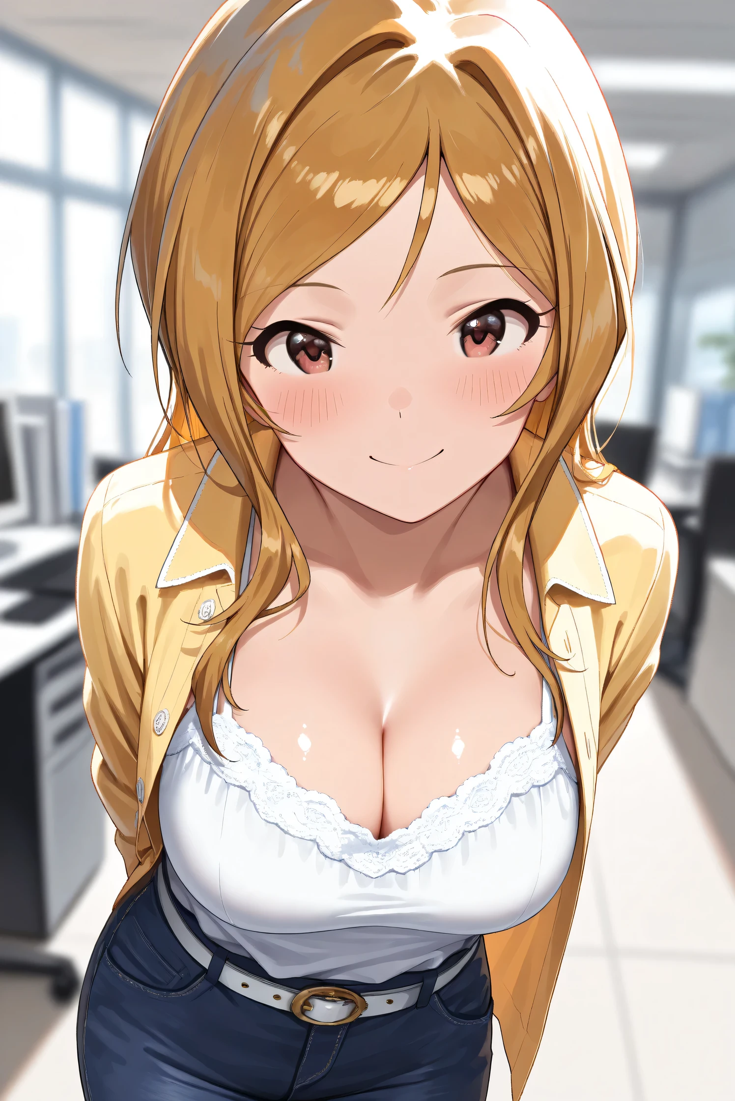 (Masterpiece), (Highest quality), (Very detailed),
(The best shape), (Best Shadow), (Absurd),
(Detailed background), (So beautiful), (Shiny),
(Extraordinary), (Countershading), (8k), (32K),
(High resolution), (Very Detailed CG), (UHD),
(Score_9), (Score_8_up), (Score_7_up),
(Source_anime), (Pastel painting:1.2),
(Watercolor painting:1.2),(Masterpiece, Detailed:1.2), (Foreshortening:1.2),
(Cinematic), (Dramatic), (Depth of field:1.4),
(Blurry background:1.4), (Realistic background:1.4),
(Dynamic angle), (1 girl),
(indoor), (office),
(Casual wear:1.3),
white camisole, open shirt, yellow shirt,
jeans, white belt,
(Portrait), (Focus on face), (Close up shot),
(Blush:1.3), (Happy), (Smile),
(Arms behind back),
(Realistic skin), (Shiny skin),
(Momose Rio),
(The idolmaster million live!),
(mirishita),
IMMomoRio, long hair, breasts, blonde hair, brown hair, red eyes, medium breasts, brown eyes, parted bangs, large breasts,