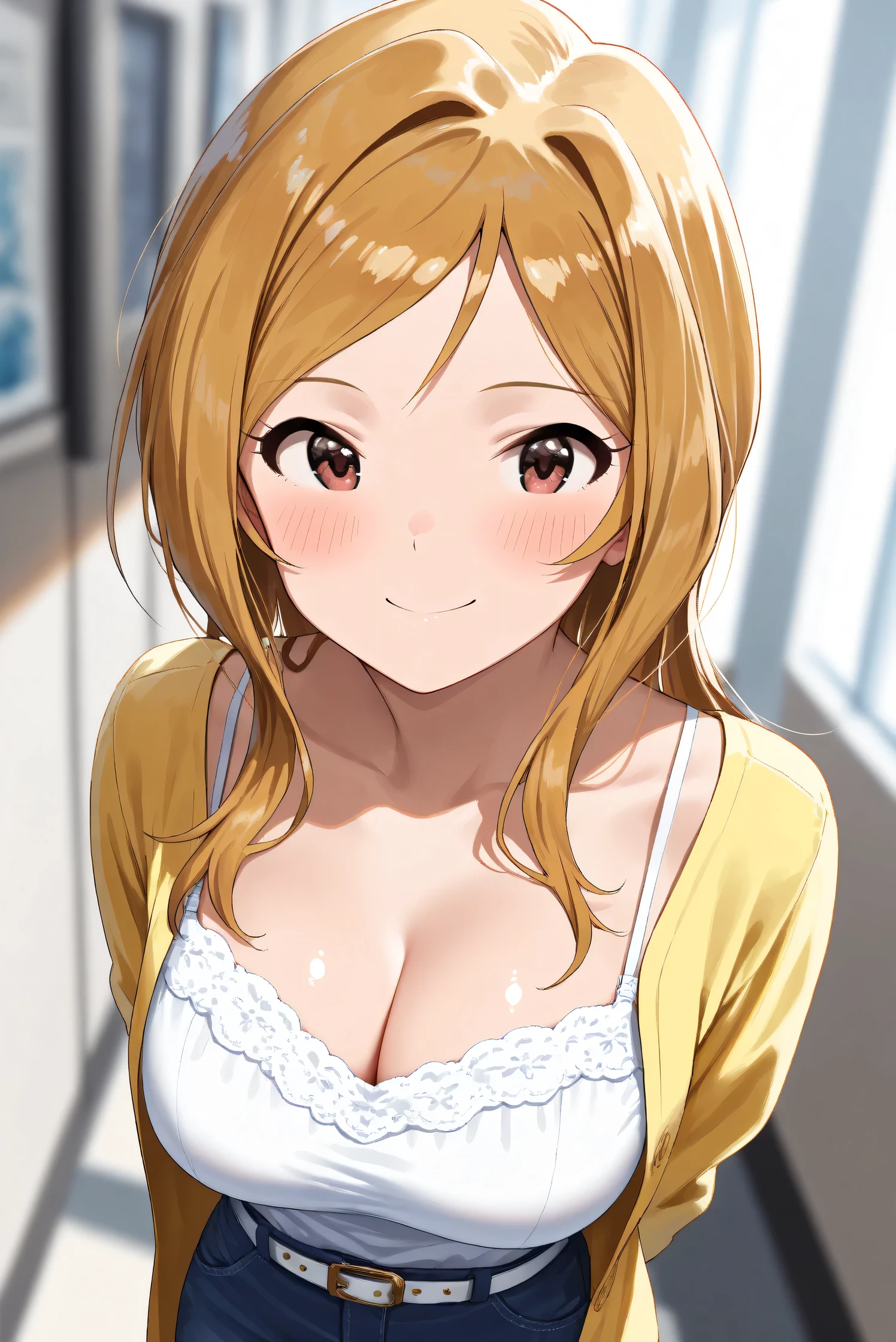 (Masterpiece), (Highest quality), (Very detailed),
(The best shape), (Best Shadow), (Absurd),
(Detailed background), (So beautiful), (Shiny),
(Extraordinary), (Countershading), (8k), (32K),
(High resolution), (Very Detailed CG), (UHD),
(Score_9), (Score_8_up), (Score_7_up),
(Source_anime), (Pastel painting:1.2),
(Watercolor painting:1.2),(Masterpiece, Detailed:1.2), (Foreshortening:1.2),
(Cinematic), (Dramatic), (Depth of field:1.4),
(Blurry background:1.4), (Realistic background:1.4),
(Dynamic angle), (1 girl),
(indoor), (office),
(Casual wear:1.3),
white camisole, open shirt, yellow shirt,
jeans, white belt,
(Portrait), (Focus on face), (Close up shot),
(Blush:1.3), (Happy), (Smile),
(Arms behind back),
(Realistic skin), (Shiny skin),
(Momose Rio),
(The idolmaster million live!),
(mirishita),
IMMomoRio, long hair, breasts, blonde hair, brown hair, red eyes, medium breasts, brown eyes, parted bangs, large breasts,
