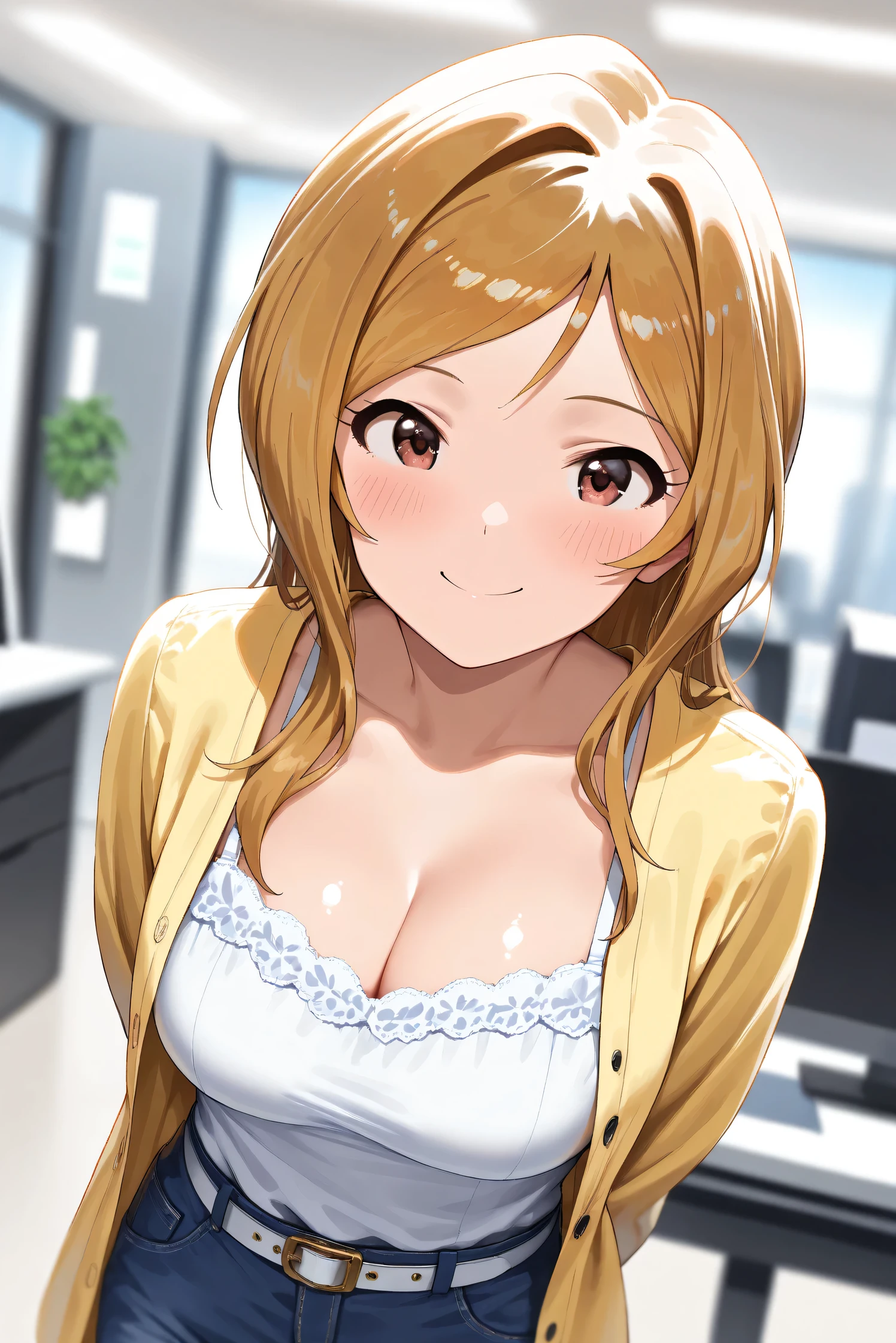 (Masterpiece), (Highest quality), (Very detailed),
(The best shape), (Best Shadow), (Absurd),
(Detailed background), (So beautiful), (Shiny),
(Extraordinary), (Countershading), (8k), (32K),
(High resolution), (Very Detailed CG), (UHD),
(Score_9), (Score_8_up), (Score_7_up),
(Source_anime), (Pastel painting:1.2),
(Watercolor painting:1.2),(Masterpiece, Detailed:1.2), (Foreshortening:1.2),
(Cinematic), (Dramatic), (Depth of field:1.4),
(Blurry background:1.4), (Realistic background:1.4),
(Dynamic angle), (1 girl),
(indoor), (office), (staff identity card),
(Casual wear:1.3),
white camisole, open shirt, yellow shirt,
jeans, white belt,
(Portrait), (Focus on face), (Close up shot),
(Blush:1.3), (Happy), (Smile),
(Arms behind back),
(Realistic skin), (Shiny skin),
(Momose Rio),
(The idolmaster million live!),
(mirishita),
IMMomoRio, long hair, breasts, blonde hair, brown hair, red eyes, medium breasts, brown eyes, parted bangs, large breasts,