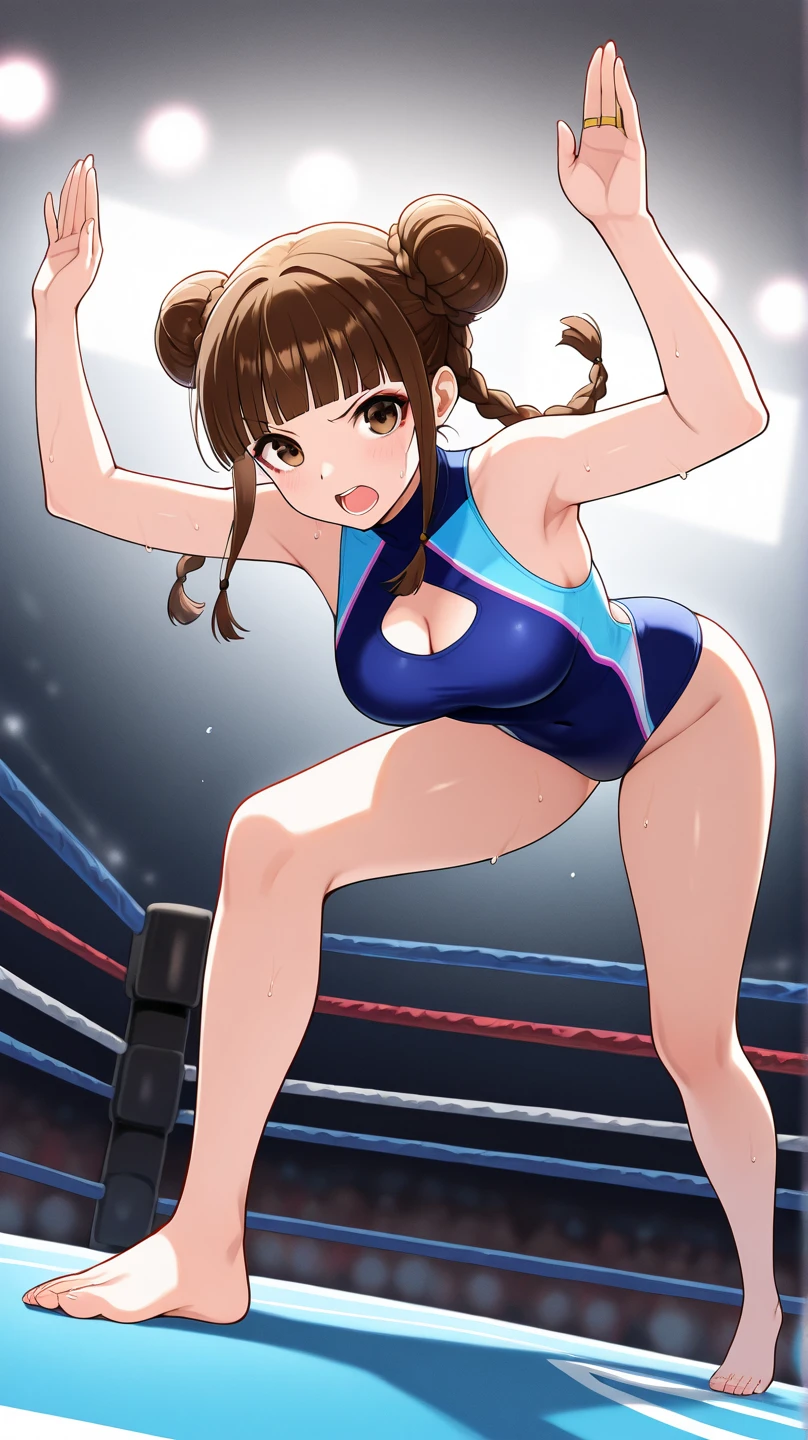 score_9,score_8_Excellent,score_7_Excellent,masterpiece,Highest quality, Source Anime, Realistic, sExcellenter detailed, Very detailed, evaluation_safety,
One person, wrestling, Fighting Pose,
Break Girl, , Straight Hair,hair band, (Blunt bangs), Black Hair, (puppet, small and cute brown eyes), Curled eyelashes, (Large Breasts:0.9),
Shiny Hair, Beautiful attention to detail, Beautiful Face,The body is slim,
(Cute white one-piece swimsuit,Wristband, wrestlingブーツ:1.2), Sweat,
blush, strict, Open your mouth, Heavy breathing, 
stage, wrestling stage, crowd, illumination, Shadow,