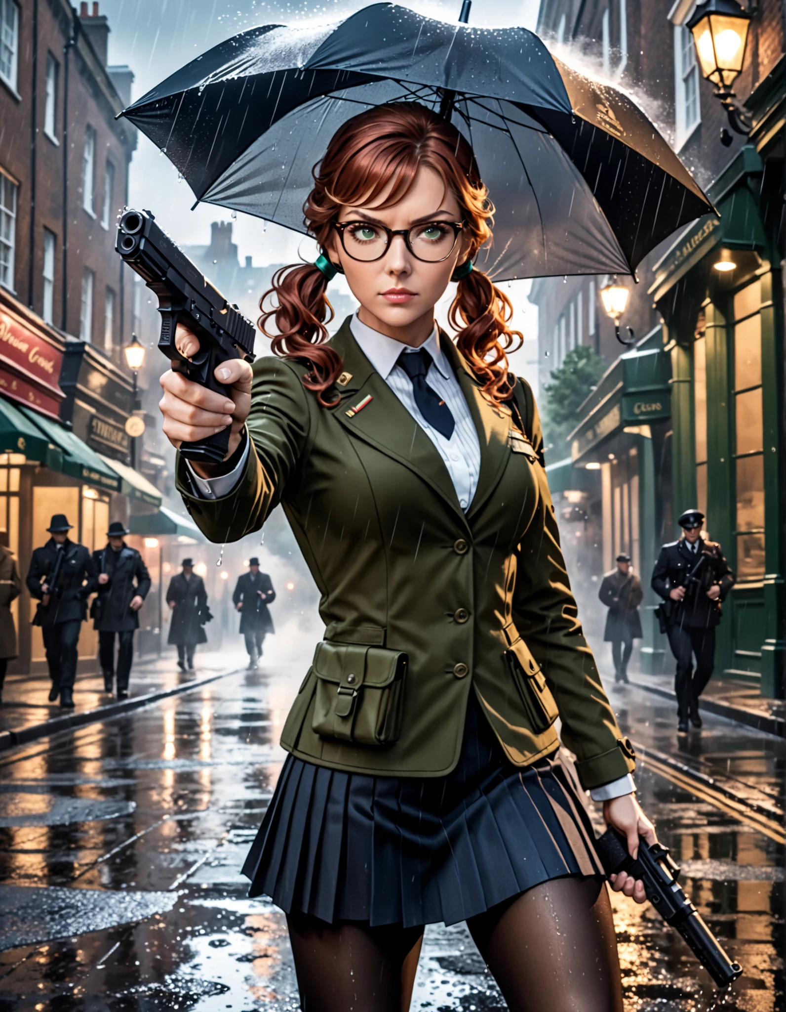 masterpiece, best quality, ultra-detailed, absurdres, highres, cinematic realism, 1female, solo, 29-year-old female, British field agent, serious expression, (red wavy hair in side pigtail:1.2), emerald green eyes, subtle makeup, natural lips, (wearing glasses), inspired by Diana Rigg, Julie Andrews, Anna Williams (Tekken), and Scarlett Johansson, dressed in a navy blue jacket over a black pinstriped sweater, dark blue pleated miniskirt, full black tights, black combat boots, realistic physique, perfect anatomy, dynamic kung fu stance under rainfall, one hand holding a GLOCKG pistol with suppressor, the other holding a high-tech weaponized parasol, rain-slicked London street background, mist and light reflections, cinematic lighting, tense espionage mood, dutch angle, volumetric light beams, wet asphalt reflections, 50mm lens depth