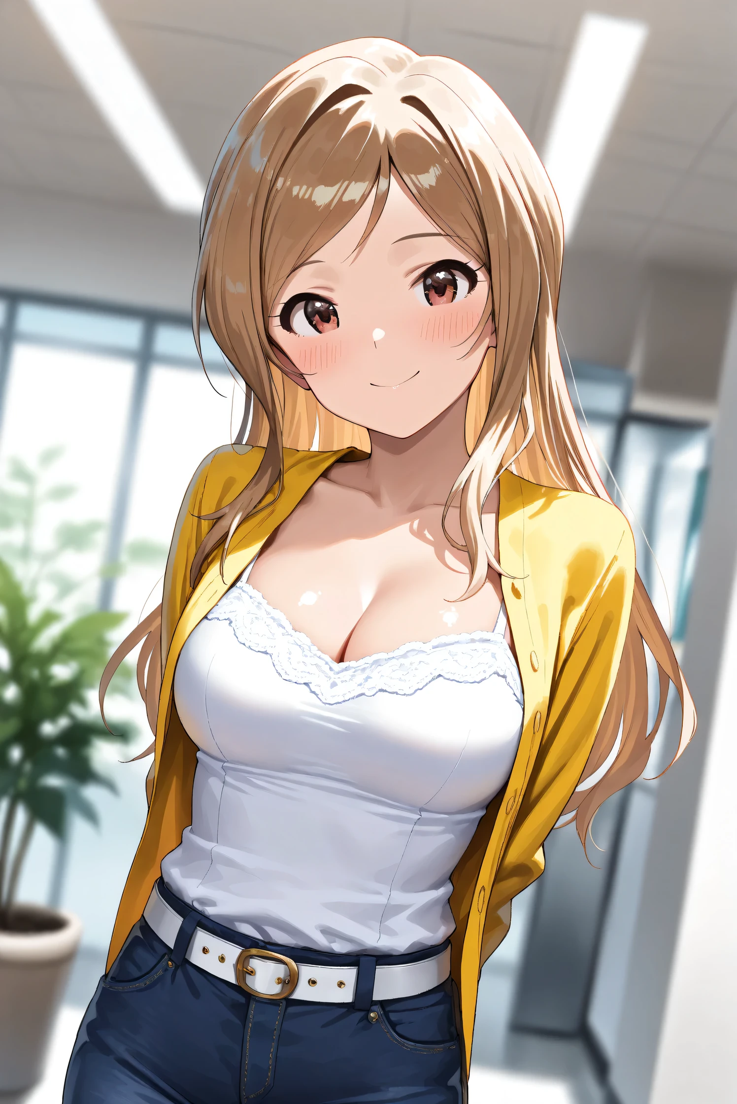 (Masterpiece), (Highest quality), (Very detailed),
(The best shape), (Best Shadow), (Absurd),
(Detailed background), (So beautiful), (Shiny),
(Extraordinary), (Countershading), (8k), (32K),
(High resolution), (Very Detailed CG), (UHD),
(Score_9), (Score_8_up), (Score_7_up),
(Source_anime), (Pastel painting:1.2),
(Watercolor painting:1.2),(Masterpiece, Detailed:1.2), (Foreshortening:1.2),
(Cinematic), (Dramatic), (Depth of field:1.4),
(Blurry background:1.4), (Realistic background:1.4),
(Dynamic angle), (1 girl),
(indoor), (office), (houseplants),
(Casual wear:1.3),
white camisole, open shirt, yellow shirt,
jeans, white belt,
(Portrait),
(Blush:1.3), (Happy), (Smile),
(Arms behind back),
(Realistic skin), (Shiny skin),
(Momose Rio),
(The idolmaster million live!),
(mirishita),
IMMomoRio, long hair, breasts, blonde hair, brown hair, red eyes, medium breasts, brown eyes, parted bangs, large breasts,