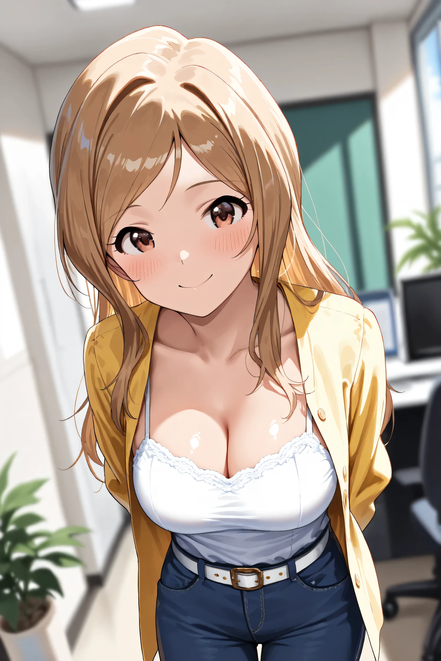 (Masterpiece), (Highest quality), (Very detailed),
(The best shape), (Best Shadow), (Absurd),
(Detailed background), (So beautiful), (Shiny),
(Extraordinary), (Countershading), (8k), (32K),
(High resolution), (Very Detailed CG), (UHD),
(Score_9), (Score_8_up), (Score_7_up),
(Source_anime), (Pastel painting:1.2),
(Watercolor painting:1.2),(Masterpiece, Detailed:1.2), (Foreshortening:1.2),
(Cinematic), (Dramatic), (Depth of field:1.4),
(Blurry background:1.4), (Realistic background:1.4),
(Dynamic angle), (1 girl),
(indoor), (office), (houseplants),
(Casual wear:1.3),
white camisole, open shirt, yellow shirt,
jeans, white belt,
(Portrait),
(Blush:1.3), (Happy), (Smile),
(Arms behind back),
(Realistic skin), (Shiny skin),
(Momose Rio),
(The idolmaster million live!),
(mirishita),
IMMomoRio, long hair, breasts, blonde hair, brown hair, red eyes, medium breasts, brown eyes, parted bangs, large breasts,