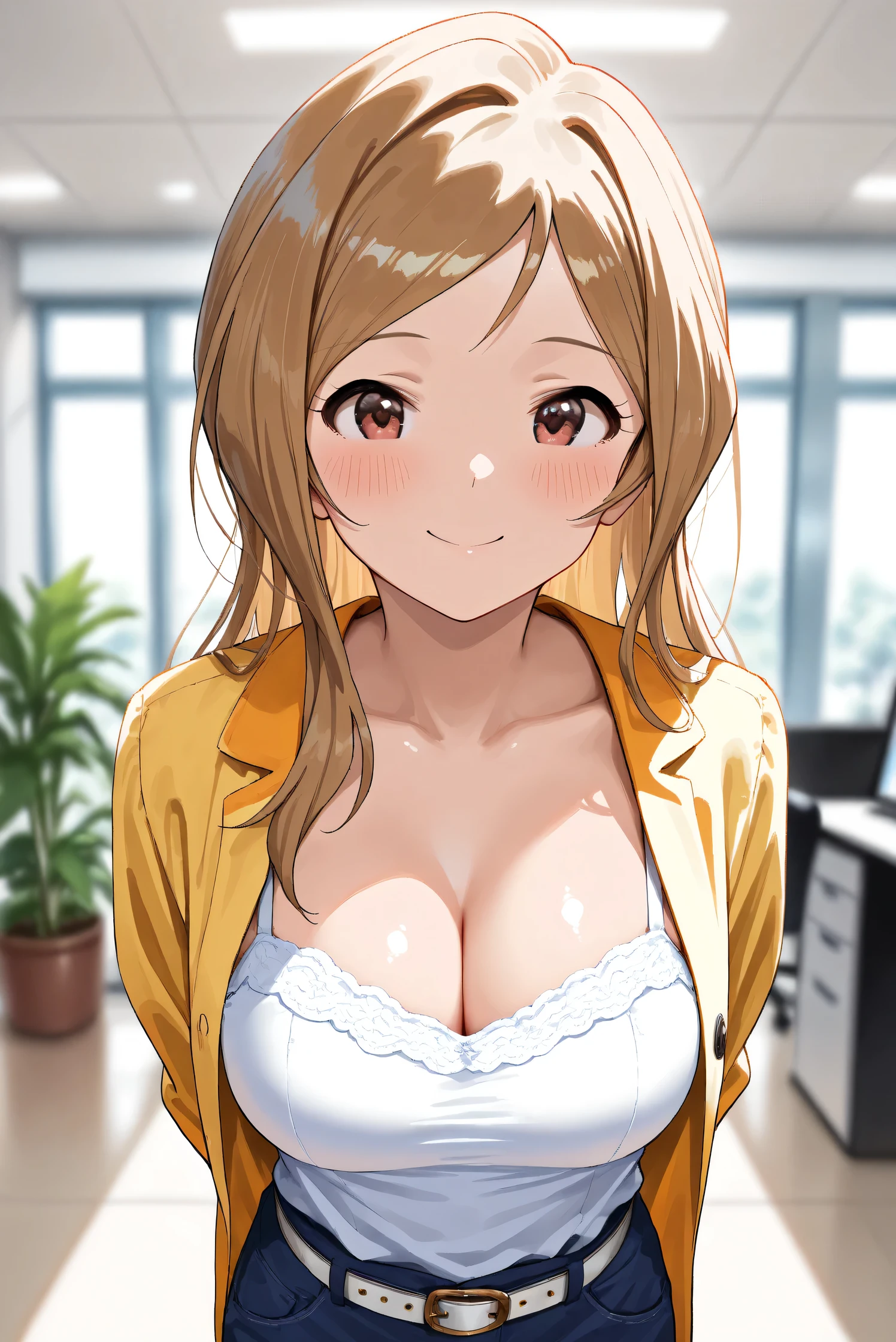 (Masterpiece), (Highest quality), (Very detailed),
(The best shape), (Best Shadow), (Absurd),
(Detailed background), (So beautiful), (Shiny),
(Extraordinary), (Countershading), (8k), (32K),
(High resolution), (Very Detailed CG), (UHD),
(Score_9), (Score_8_up), (Score_7_up),
(Source_anime), (Pastel painting:1.2),
(Watercolor painting:1.2),(Masterpiece, Detailed:1.2), (Foreshortening:1.2),
(Cinematic), (Dramatic), (Depth of field:1.4),
(Blurry background:1.4), (Realistic background:1.4),
(Dynamic angle), (1 girl),
(indoor), (office), (houseplants),
(Casual wear:1.3),
white camisole, open shirt, yellow shirt,
jeans, white belt,
(Portrait),
(Blush:1.3), (Happy), (Smile),
(Arms behind back),
(Realistic skin), (Shiny skin),
(Momose Rio),
(The idolmaster million live!),
(mirishita),
IMMomoRio, long hair, breasts, blonde hair, brown hair, red eyes, medium breasts, brown eyes, parted bangs, large breasts,