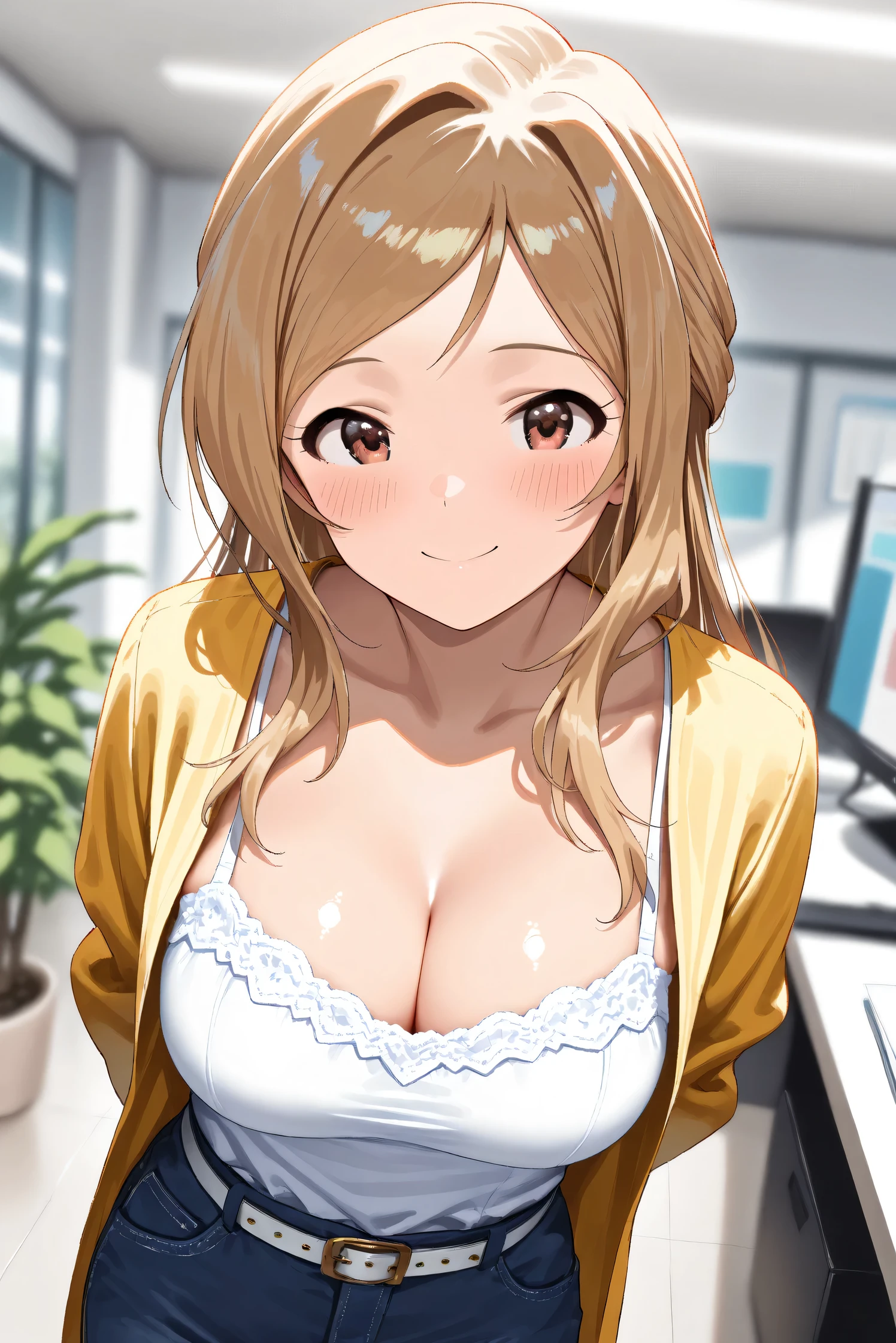 (Masterpiece), (Highest quality), (Very detailed),
(The best shape), (Best Shadow), (Absurd),
(Detailed background), (So beautiful), (Shiny),
(Extraordinary), (Countershading), (8k), (32K),
(High resolution), (Very Detailed CG), (UHD),
(Score_9), (Score_8_up), (Score_7_up),
(Source_anime), (Pastel painting:1.2),
(Watercolor painting:1.2),(Masterpiece, Detailed:1.2), (Foreshortening:1.2),
(Cinematic), (Dramatic), (Depth of field:1.4),
(Blurry background:1.4), (Realistic background:1.4),
(Dynamic angle), (1 girl),
(indoor), (office), (houseplants),
(Casual wear:1.3),
white camisole, open shirt, yellow shirt,
jeans, white belt,
(Portrait),
(Blush:1.3), (Happy), (Smile),
(Arms behind back),
(Realistic skin), (Shiny skin),
(Momose Rio),
(The idolmaster million live!),
(mirishita),
IMMomoRio, long hair, breasts, blonde hair, brown hair, red eyes, medium breasts, brown eyes, parted bangs, large breasts,