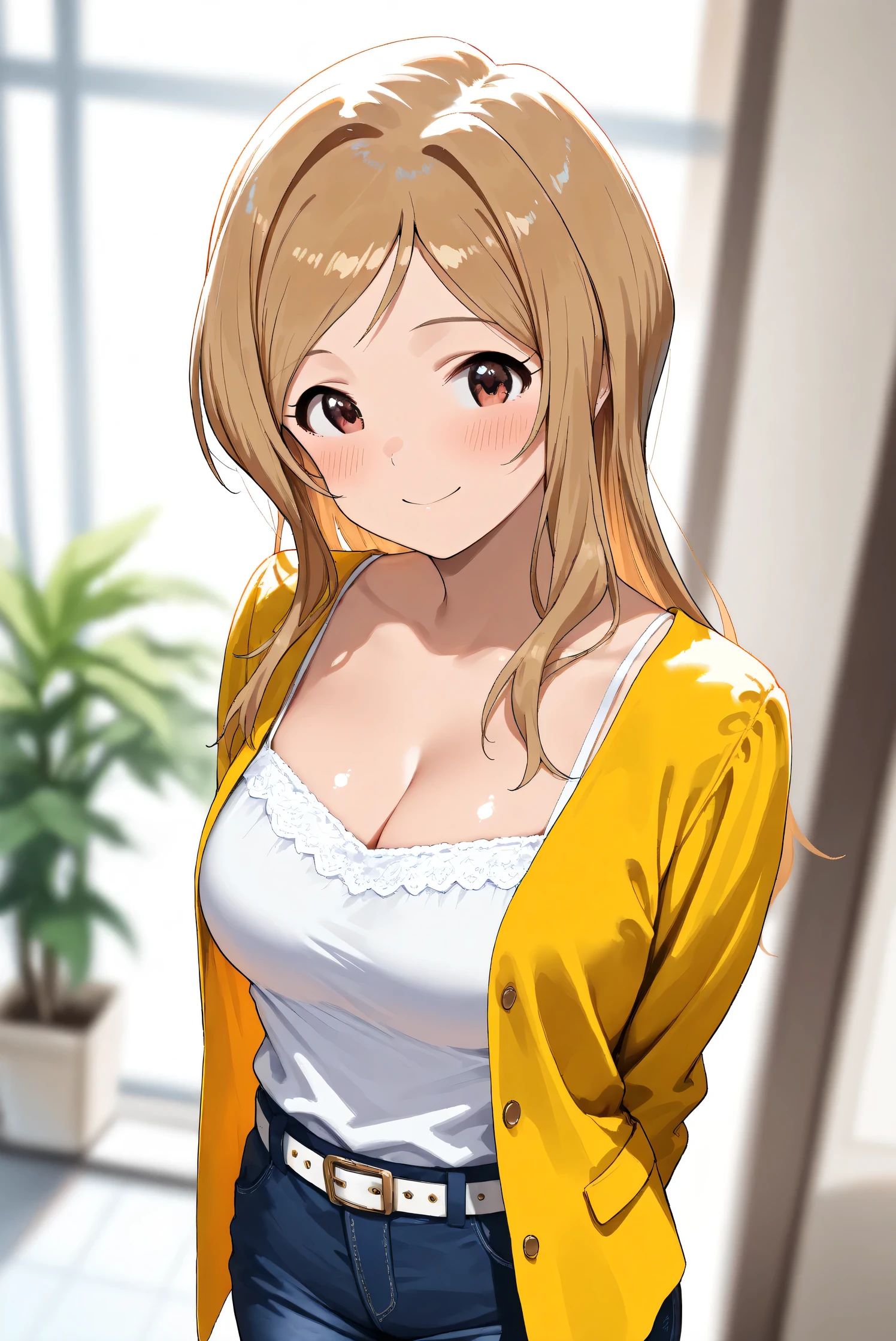 (Masterpiece), (Highest quality), (Very detailed),
(The best shape), (Best Shadow), (Absurd),
(Detailed background), (So beautiful), (Shiny),
(Extraordinary), (Countershading), (8k), (32K),
(High resolution), (Very Detailed CG), (UHD),
(Score_9), (Score_8_up), (Score_7_up),
(Source_anime), (Pastel painting:1.2),
(Watercolor painting:1.2),(Masterpiece, Detailed:1.2), (Foreshortening:1.2),
(Cinematic), (Dramatic), (Depth of field:1.4),
(Blurry background:1.4), (Realistic background:1.4),
(Dynamic angle), (1 girl),
(indoor), (office), (houseplants),
(Casual wear:1.3),
white camisole, open shirt, yellow shirt,
jeans, white belt,
(Portrait),
(Blush:1.3), (Happy), (Smile),
(Arms behind back),
(Realistic skin), (Shiny skin),
(Momose Rio),
(The idolmaster million live!),
(mirishita),
IMMomoRio, long hair, breasts, blonde hair, brown hair, red eyes, medium breasts, brown eyes, parted bangs, large breasts,