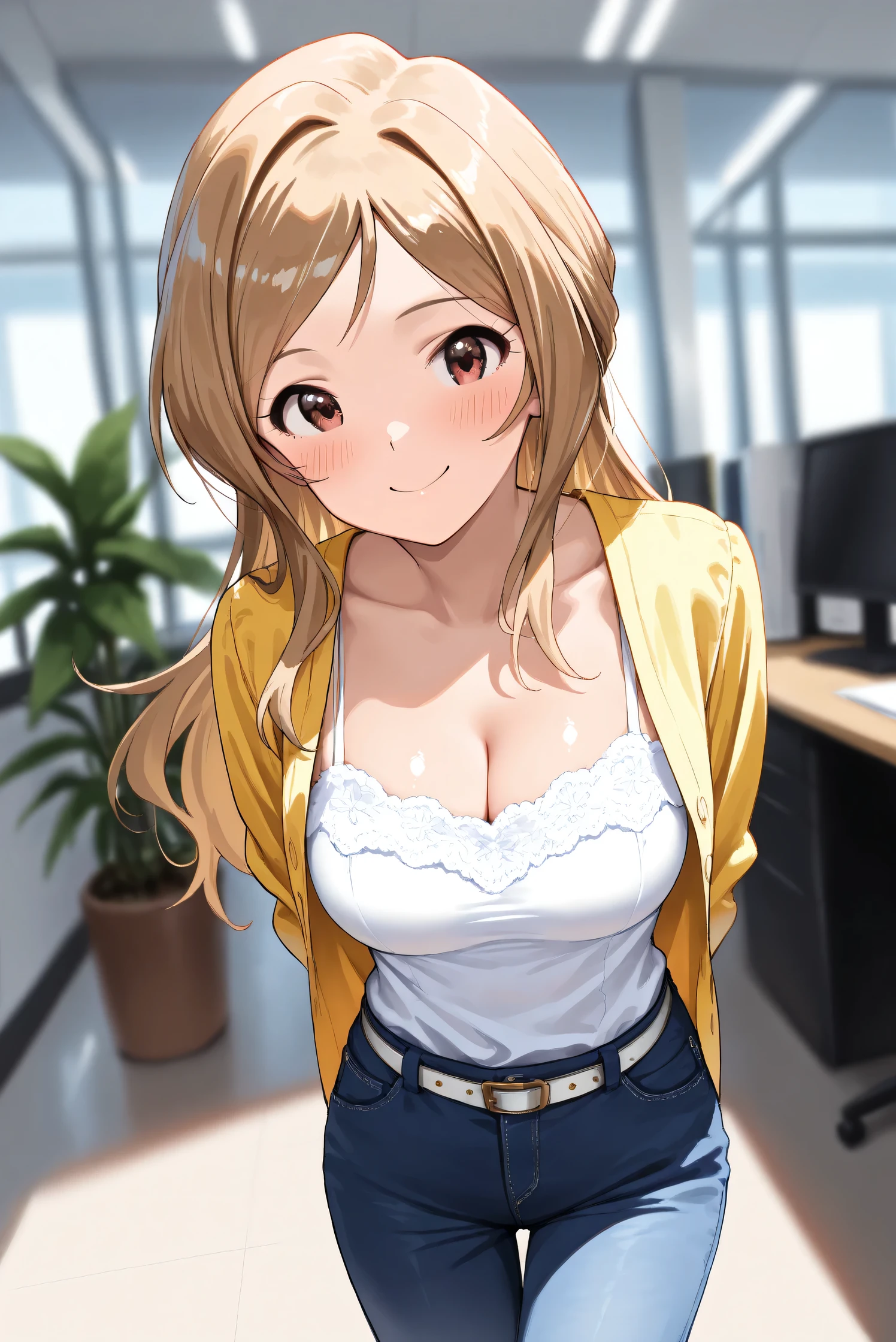 (Masterpiece), (Highest quality), (Very detailed),
(The best shape), (Best Shadow), (Absurd),
(Detailed background), (So beautiful), (Shiny),
(Extraordinary), (Countershading), (8k), (32K),
(High resolution), (Very Detailed CG), (UHD),
(Score_9), (Score_8_up), (Score_7_up),
(Source_anime), (Pastel painting:1.2),
(Watercolor painting:1.2),(Masterpiece, Detailed:1.2), (Foreshortening:1.2),
(Cinematic), (Dramatic), (Depth of field:1.4),
(Blurry background:1.4), (Realistic background:1.4),
(Dynamic angle), (1 girl),
(indoor), (office), (houseplants),
(Casual wear:1.3),
white camisole, open shirt, yellow shirt,
jeans, white belt,
(Portrait),
(Blush:1.3), (Happy), (Smile),
(Arms behind back),
(Realistic skin), (Shiny skin),
(Momose Rio),
(The idolmaster million live!),
(mirishita),
IMMomoRio, long hair, breasts, blonde hair, brown hair, red eyes, medium breasts, brown eyes, parted bangs, large breasts,