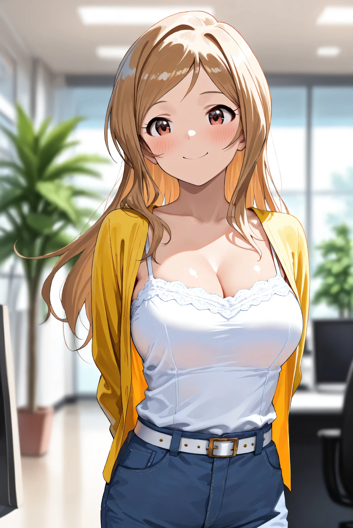 (Masterpiece), (Highest quality), (Very detailed),
(The best shape), (Best Shadow), (Absurd),
(Detailed background), (So beautiful), (Shiny),
(Extraordinary), (Countershading), (8k), (32K),
(High resolution), (Very Detailed CG), (UHD),
(Score_9), (Score_8_up), (Score_7_up),
(Source_anime), (Pastel painting:1.2),
(Watercolor painting:1.2),(Masterpiece, Detailed:1.2), (Foreshortening:1.2),
(Cinematic), (Dramatic), (Depth of field:1.4),
(Blurry background:1.4), (Realistic background:1.4),
(Dynamic angle), (1 girl),
(indoor), (office), (houseplants),
(Casual wear:1.3),
white camisole, open shirt, yellow shirt,
jeans, white belt,
(Portrait),
(Blush:1.3), (Happy), (Smile),
(Arms behind back),
(Realistic skin), (Shiny skin),
(Momose Rio),
(The idolmaster million live!),
(mirishita),
IMMomoRio, long hair, breasts, blonde hair, brown hair, red eyes, medium breasts, brown eyes, parted bangs, large breasts,