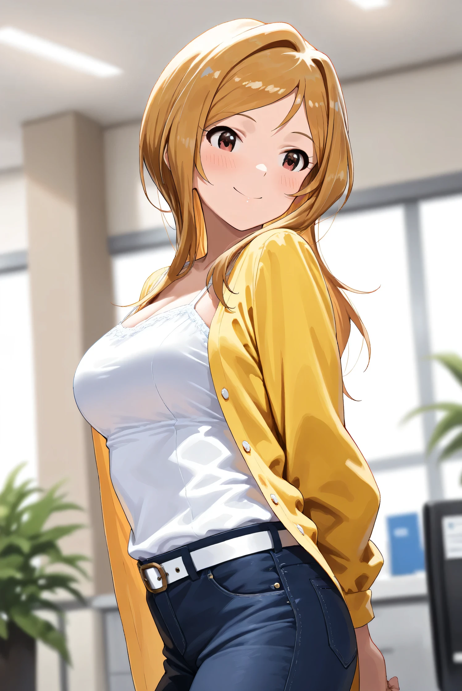 (Masterpiece), (Highest quality), (Very detailed),
(The best shape), (Best Shadow), (Absurd),
(Detailed background), (So beautiful), (Shiny),
(Extraordinary), (Countershading), (8k), (32K),
(High resolution), (Very Detailed CG), (UHD),
(Score_9), (Score_8_up), (Score_7_up),
(Source_anime), (Pastel painting:1.2),
(Watercolor painting:1.2),(Masterpiece, Detailed:1.2), (Foreshortening:1.2),
(Cinematic), (Dramatic), (Depth of field:1.4),
(Blurry background:1.4), (Realistic background:1.4),
(Dynamic angle), (1 girl),
(indoor), (office), (houseplants),
(Casual wear:1.3),
white camisole, open shirt, yellow shirt,
jeans, white belt,
(Portrait),
(Blush:1.3), (Happy), (Smile),
(Arms behind back), (looking back),
(Realistic skin), (Shiny skin),
(Momose Rio),
(The idolmaster million live!),
(mirishita),
IMMomoRio, long hair, breasts, blonde hair, brown hair, red eyes, medium breasts, brown eyes, parted bangs, large breasts,