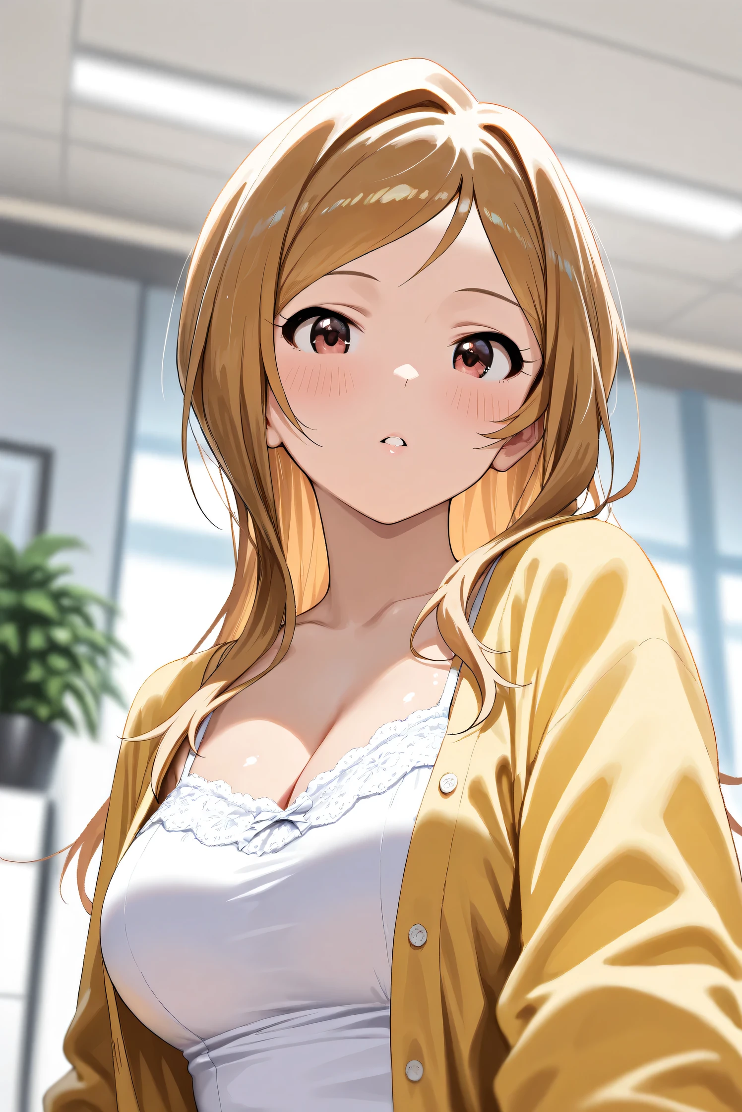 (Masterpiece), (Highest quality), (Very detailed),
(The best shape), (Best Shadow), (Absurd),
(Detailed background), (So beautiful), (Shiny),
(Extraordinary), (Countershading), (8k), (32K),
(High resolution), (Very Detailed CG), (UHD),
(Score_9), (Score_8_up), (Score_7_up),
(Source_anime), (Pastel painting:1.2),
(Watercolor painting:1.2),(Masterpiece, Detailed:1.2), (Foreshortening:1.2),
(Cinematic), (Dramatic), (Depth of field:1.4),
(Blurry background:1.4), (Realistic background:1.4),
(Dynamic angle), (1 girl),
(indoor), (office), (houseplants),
(Casual wear:1.3),
white camisole, open shirt, yellow shirt,
(Portrait),
(Blush:1.3), (parted lips),
(looking at viewer),
(Realistic skin), (Shiny skin),
(Momose Rio),
(The idolmaster million live!),
(mirishita),
IMMomoRio, long hair, breasts, blonde hair, brown hair, red eyes, medium breasts, brown eyes, parted bangs, large breasts,