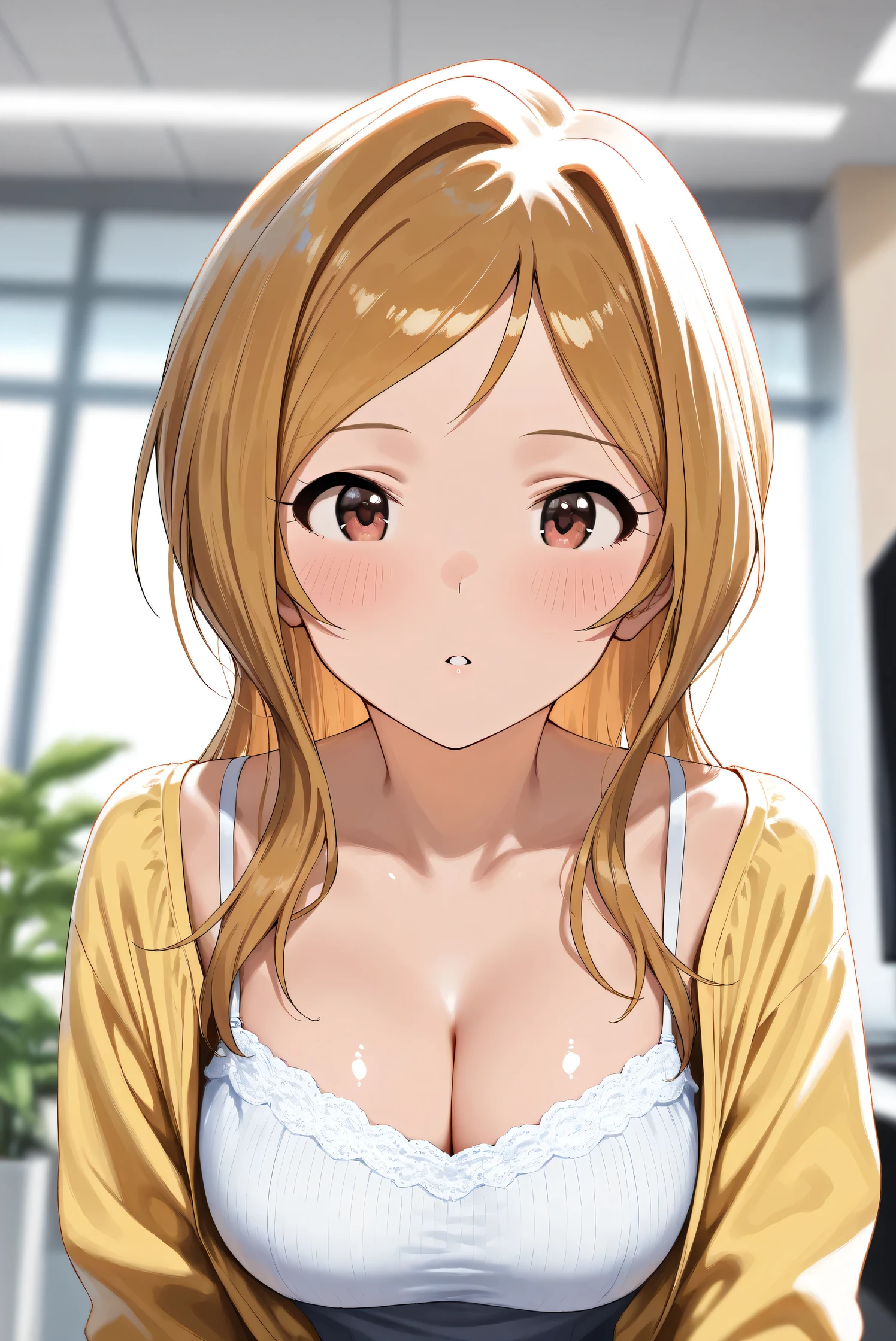 (Masterpiece), (Highest quality), (Very detailed),
(The best shape), (Best Shadow), (Absurd),
(Detailed background), (So beautiful), (Shiny),
(Extraordinary), (Countershading), (8k), (32K),
(High resolution), (Very Detailed CG), (UHD),
(Score_9), (Score_8_up), (Score_7_up),
(Source_anime), (Pastel painting:1.2),
(Watercolor painting:1.2),(Masterpiece, Detailed:1.2), (Foreshortening:1.2),
(Cinematic), (Dramatic), (Depth of field:1.4),
(Blurry background:1.4), (Realistic background:1.4),
(Dynamic angle), (1 girl),
(indoor), (office), (houseplants),
(Casual wear:1.3),
white camisole, open shirt, yellow shirt,
(Portrait),
(Blush:1.3), (parted lips),
(looking at viewer),
(Realistic skin), (Shiny skin),
(Momose Rio),
(The idolmaster million live!),
(mirishita),
IMMomoRio, long hair, breasts, blonde hair, brown hair, red eyes, medium breasts, brown eyes, parted bangs, large breasts,