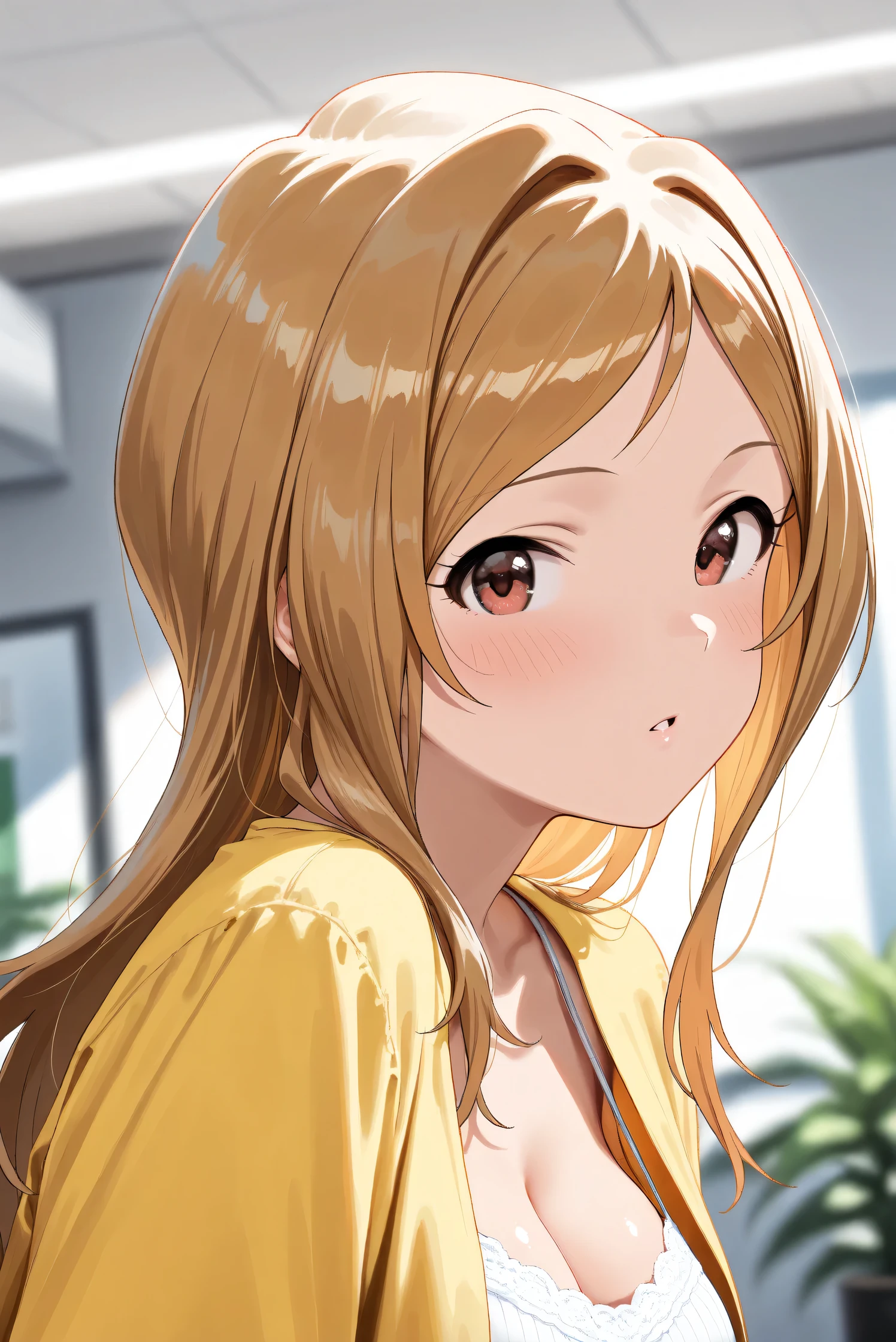 (Masterpiece), (Highest quality), (Very detailed),
(The best shape), (Best Shadow), (Absurd),
(Detailed background), (So beautiful), (Shiny),
(Extraordinary), (Countershading), (8k), (32K),
(High resolution), (Very Detailed CG), (UHD),
(Score_9), (Score_8_up), (Score_7_up),
(Source_anime), (Pastel painting:1.2),
(Watercolor painting:1.2),(Masterpiece, Detailed:1.2), (Foreshortening:1.2),
(Cinematic), (Dramatic), (Depth of field:1.4),
(Blurry background:1.4), (Realistic background:1.4),
(Dynamic angle), (1 girl),
(indoor), (office), (houseplants),
(Casual wear:1.3),
white camisole, open shirt, yellow shirt,
(Portrait), (from side),
(Blush:1.3), (parted lips),
(looking at viewer),
(Realistic skin), (Shiny skin),
(Momose Rio),
(The idolmaster million live!),
(mirishita),
IMMomoRio, long hair, breasts, blonde hair, brown hair, red eyes, medium breasts, brown eyes, parted bangs, large breasts,