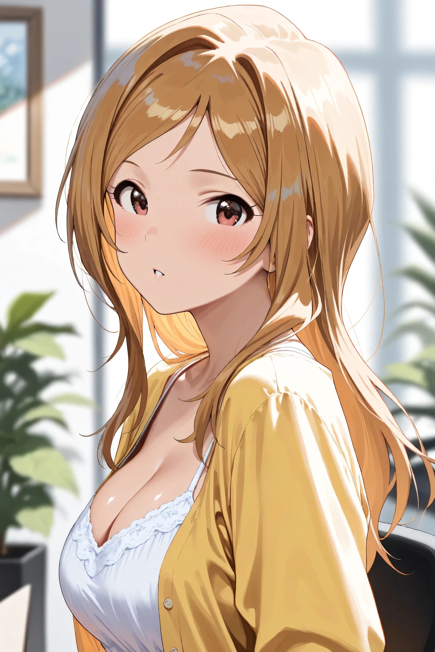 (Masterpiece), (Highest quality), (Very detailed),
(The best shape), (Best Shadow), (Absurd),
(Detailed background), (So beautiful), (Shiny),
(Extraordinary), (Countershading), (8k), (32K),
(High resolution), (Very Detailed CG), (UHD),
(Score_9), (Score_8_up), (Score_7_up),
(Source_anime), (Pastel painting:1.2),
(Watercolor painting:1.2),(Masterpiece, Detailed:1.2), (Foreshortening:1.2),
(Cinematic), (Dramatic), (Depth of field:1.4),
(Blurry background:1.4), (Realistic background:1.4),
(Dynamic angle), (1 girl),
(indoor), (office), (houseplants),
(Casual wear:1.3),
white camisole, open shirt, yellow shirt,
(Portrait), (from side),
(Blush:1.3), (parted lips),
(looking at viewer),
(Realistic skin), (Shiny skin),
(Momose Rio),
(The idolmaster million live!),
(mirishita),
IMMomoRio, long hair, breasts, blonde hair, brown hair, red eyes, medium breasts, brown eyes, parted bangs, large breasts,
