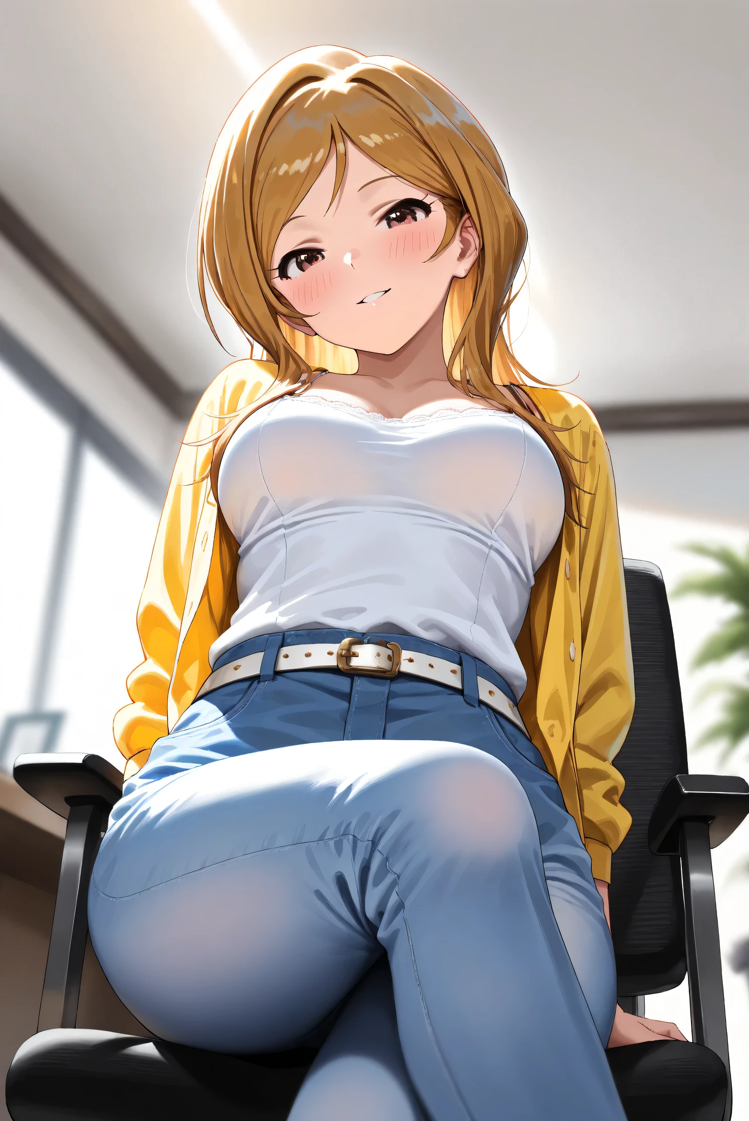 (Masterpiece), (Highest quality), (Very detailed),
(The best shape), (Best Shadow), (Absurd),
(Detailed background), (So beautiful), (Shiny),
(Extraordinary), (Countershading), (8k), (32K),
(High resolution), (Very Detailed CG), (UHD),
(Score_9), (Score_8_up), (Score_7_up),
(Source_anime), (Pastel painting:1.2),
(Watercolor painting:1.2),(Masterpiece, Detailed:1.2), (Foreshortening:1.2),
(Cinematic), (Dramatic), (Depth of field:1.4),
(Blurry background:1.4), (Realistic background:1.4),
(Dynamic angle), (1 girl),
(indoor), (office), (houseplants), (chair),
(Casual wear:1.3),
white camisole, open shirt, yellow shirt,
jeans, white belt,
(cowboy shot), (from below),
(Focus on face), (backlight),
(Blush:1.3), (seductive smile), (parted lips), (sitting),
(Crossing her legs), (put hair in ear),
(Realistic skin), (Shiny skin),
(Momose Rio),
(The idolmaster million live!),
(mirishita),
IMMomoRio, long hair, breasts, blonde hair, brown hair, red eyes, medium breasts, brown eyes, parted bangs, large breasts,