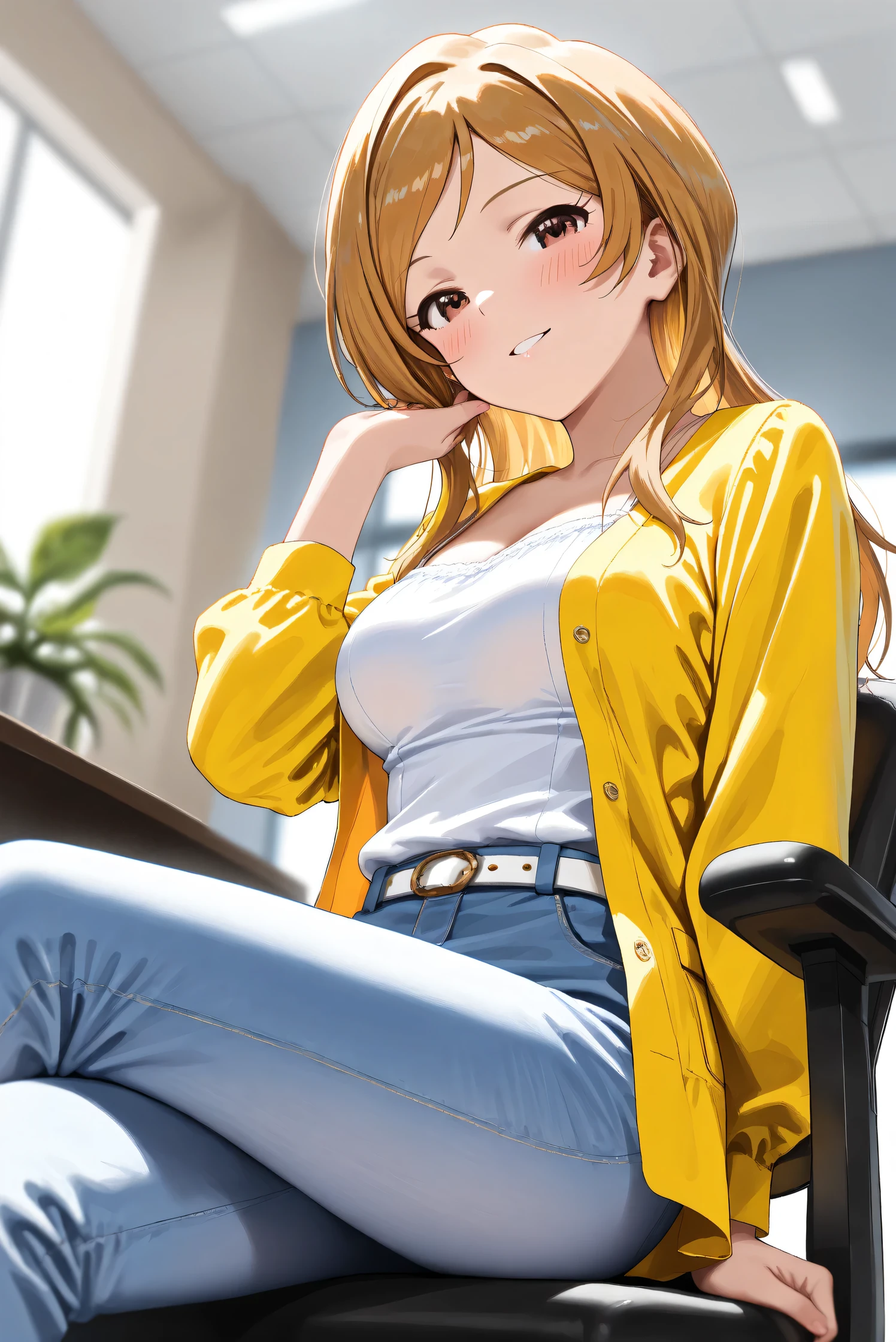 (Masterpiece), (Highest quality), (Very detailed),
(The best shape), (Best Shadow), (Absurd),
(Detailed background), (So beautiful), (Shiny),
(Extraordinary), (Countershading), (8k), (32K),
(High resolution), (Very Detailed CG), (UHD),
(Score_9), (Score_8_up), (Score_7_up),
(Source_anime), (Pastel painting:1.2),
(Watercolor painting:1.2),(Masterpiece, Detailed:1.2), (Foreshortening:1.2),
(Cinematic), (Dramatic), (Depth of field:1.4),
(Blurry background:1.4), (Realistic background:1.4),
(Dynamic angle), (1 girl),
(indoor), (office), (houseplants), (chair),
(Casual wear:1.3),
white camisole, open shirt, yellow shirt,
jeans, white belt,
(cowboy shot), (from below),
(Focus on face), (backlight),
(Blush:1.3), (seductive smile), (parted lips), (sitting),
(Crossing her legs), (put hair in ear),
(Realistic skin), (Shiny skin),
(Momose Rio),
(The idolmaster million live!),
(mirishita),
IMMomoRio, long hair, breasts, blonde hair, brown hair, red eyes, medium breasts, brown eyes, parted bangs, large breasts,