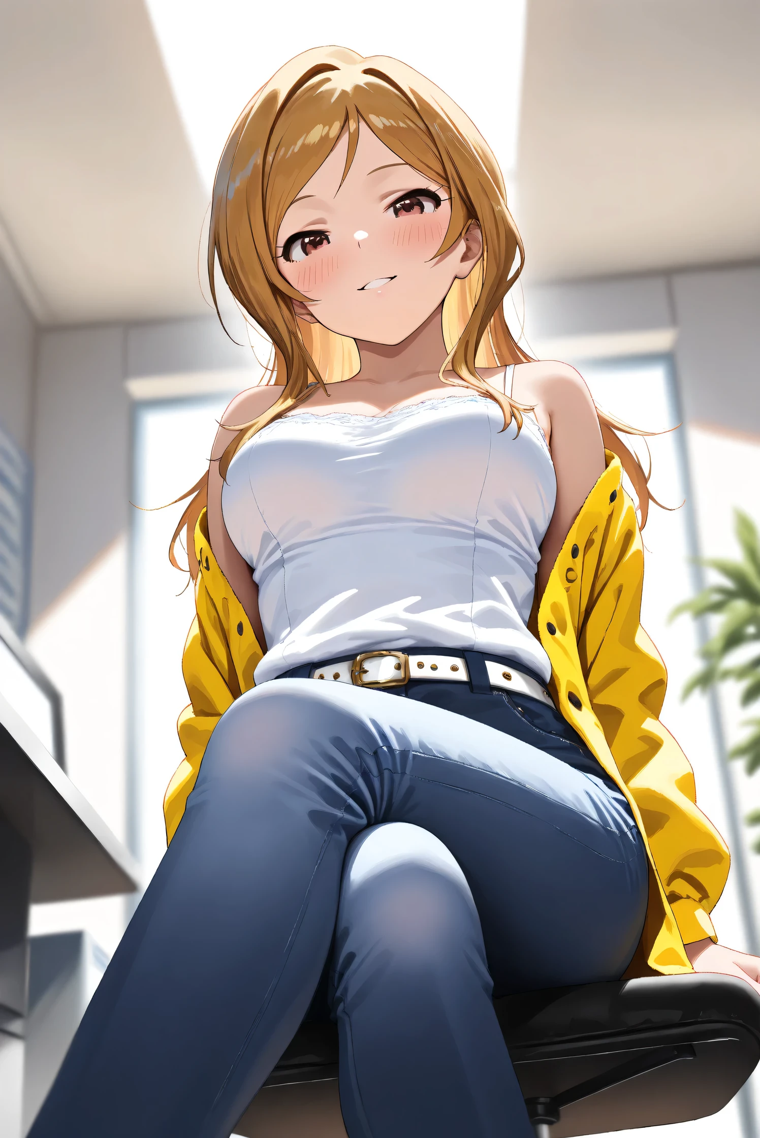 (Masterpiece), (Highest quality), (Very detailed),
(The best shape), (Best Shadow), (Absurd),
(Detailed background), (So beautiful), (Shiny),
(Extraordinary), (Countershading), (8k), (32K),
(High resolution), (Very Detailed CG), (UHD),
(Score_9), (Score_8_up), (Score_7_up),
(Source_anime), (Pastel painting:1.2),
(Watercolor painting:1.2),(Masterpiece, Detailed:1.2), (Foreshortening:1.2),
(Cinematic), (Dramatic), (Depth of field:1.4),
(Blurry background:1.4), (Realistic background:1.4),
(Dynamic angle), (1 girl),
(indoor), (office), (houseplants), (chair),
(Casual wear:1.3),
white camisole, open shirt, yellow shirt,
jeans, white belt,
(cowboy shot), (from below:0.8),
(Focus on face), (backlight),
(Blush:1.3), (seductive smile), (parted lips), (sitting),
(Crossing her legs), (put hair in ear),
(Realistic skin), (Shiny skin),
(Momose Rio),
(The idolmaster million live!),
(mirishita),
IMMomoRio, long hair, breasts, blonde hair, brown hair, red eyes, medium breasts, brown eyes, parted bangs, large breasts,