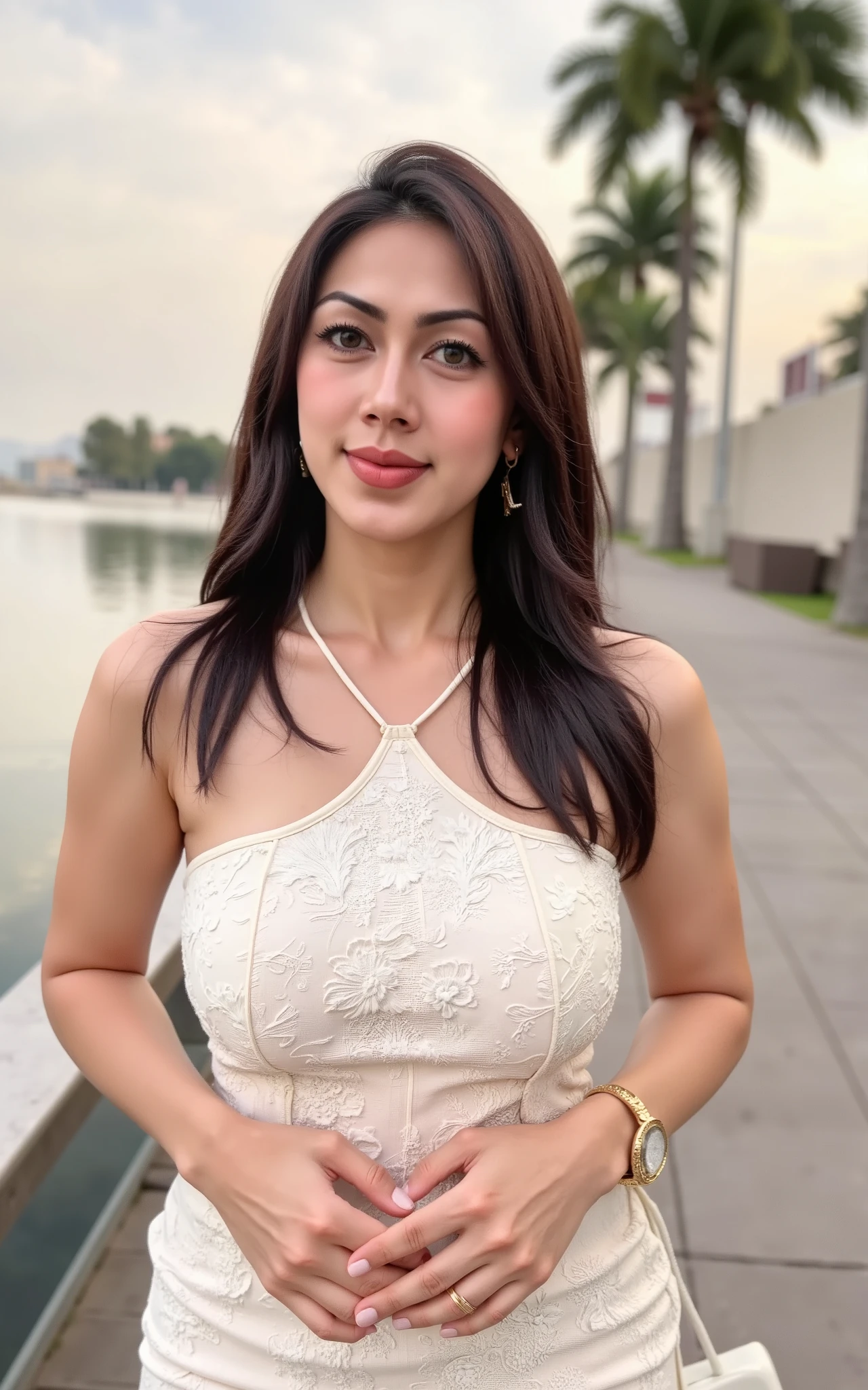 hyper HD, Masterpiece, Textured skin, 4K, Best quality of potrait a Beautiful asian woman white fairy skin wearing dress , close-up half body , happy vibes, beauty smile , open mouth showing teeth , smiling confident , large breasts , perfect hands , auto correct detail fingers.