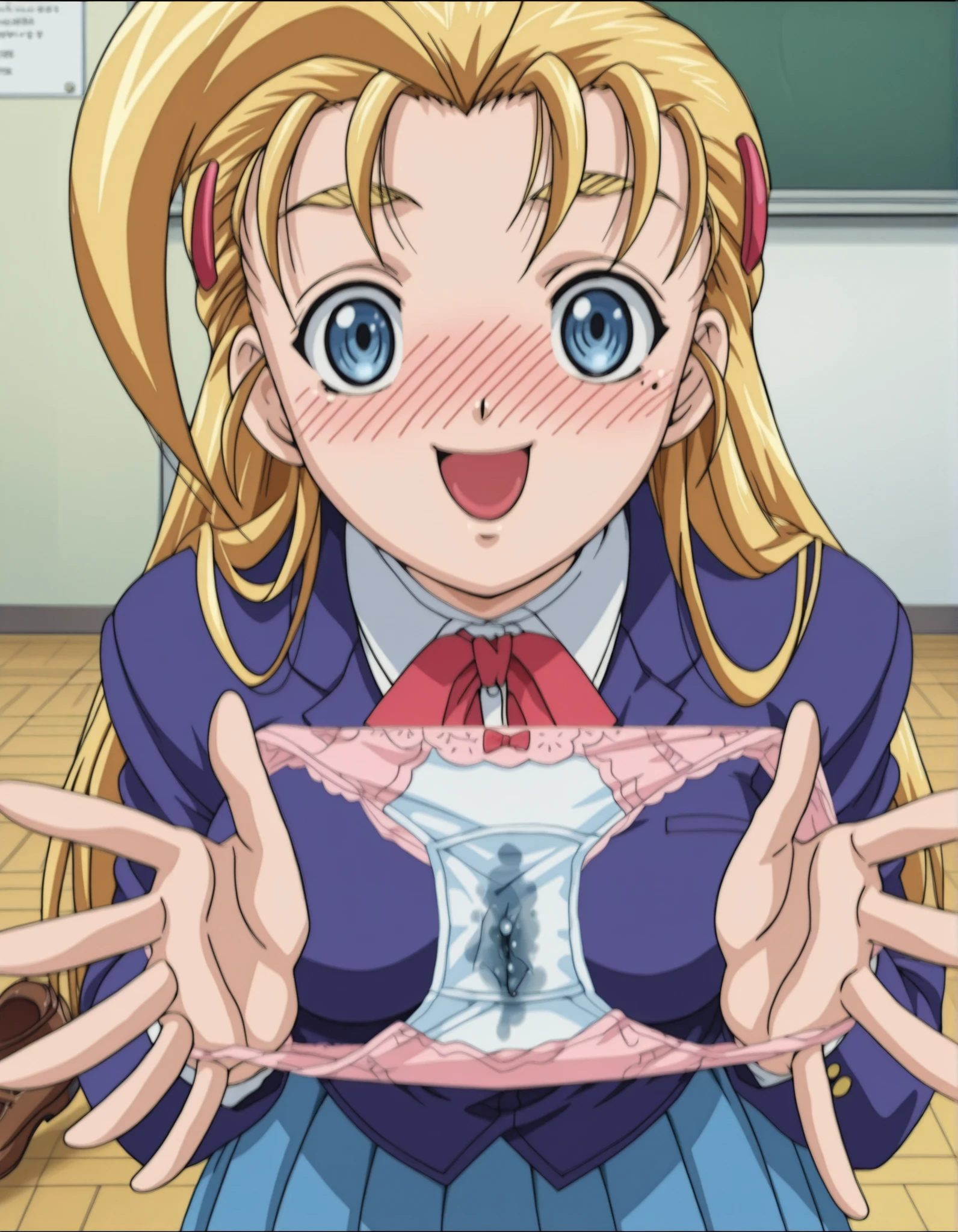 score_9, score_8_up, score_7_up,anime_screenshot,OFFICIAL ART,anime coloring,uncensored, official anime artwork, screencap, anime screencap,BREAK,(nsfw:1.2),sysdeep_miu, miu,1girl, 18yo,solo, blonde hair, long hair, blue eyes, mole under right eyes, slim waist, large breast,large hips,BREAK,fuurinkan highschool uniform,dress shirt, red bow,blue blazer,blue pleated skirt,white socks,brown Loafers,BREAK,standing,(face, big smile, full-face blush:1.10), cleavage, holding panties,detailed red lace panties, cameltoe, presenting removed panties, pussy juice stain, steam,,BREAK,upper body,looking at viewer,front view,BREAK,indoor,classroom