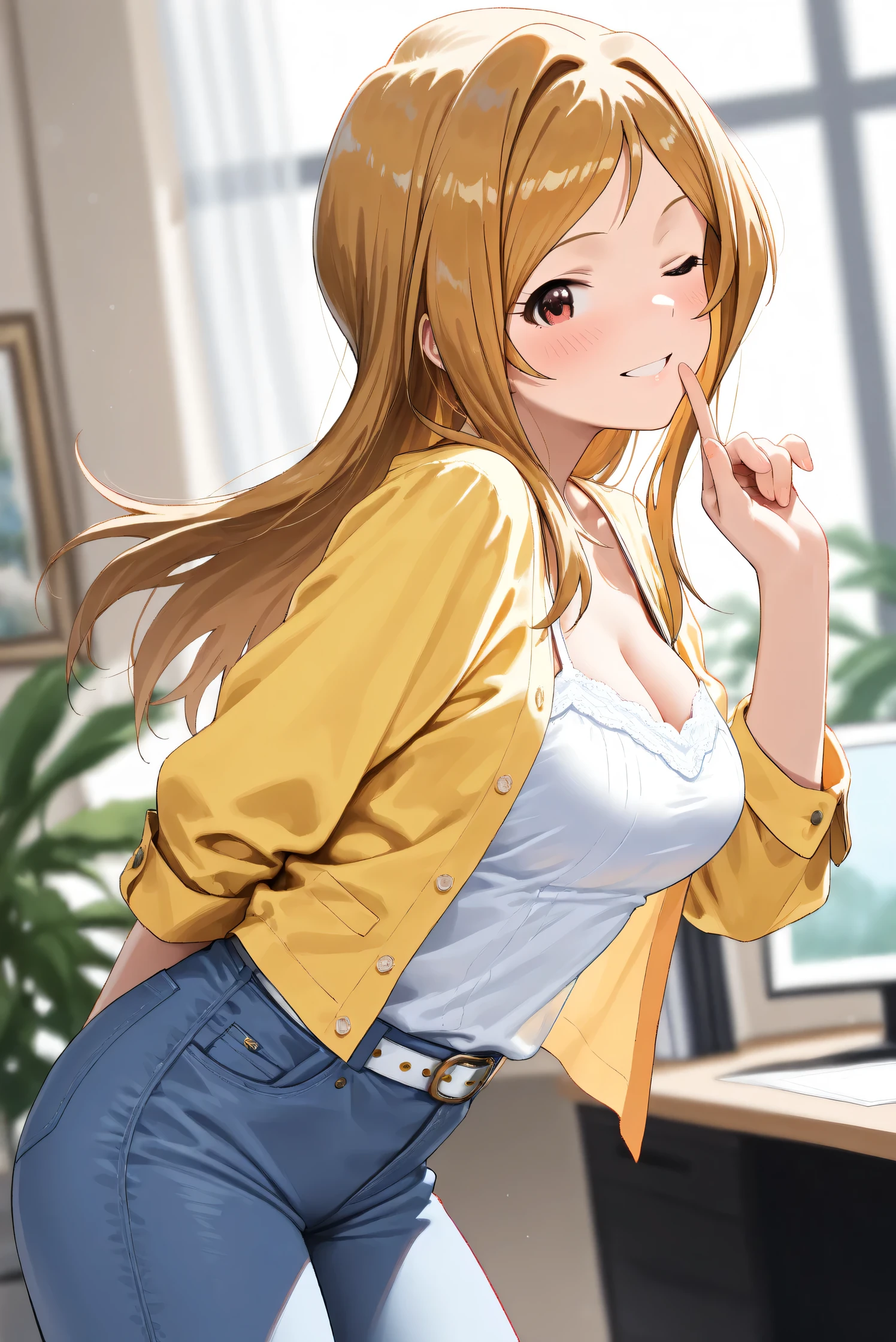 (Masterpiece), (Highest quality), (Very detailed),
(The best shape), (Best Shadow), (Absurd),
(Detailed background), (So beautiful), (Shiny),
(Extraordinary), (Countershading), (8k), (32K),
(High resolution), (Very Detailed CG), (UHD),
(Score_9), (Score_8_up), (Score_7_up),
(Source_anime), (Pastel painting:1.2),
(Watercolor painting:1.2),(Masterpiece, Detailed:1.2), (Foreshortening:1.2),
(Cinematic), (Dramatic), (Depth of field:1.4),
(Blurry background:1.4), (Realistic background:1.4),
(Dynamic angle), (1 girl),
(indoor), (office), (houseplants),
(Casual wear:1.3),
white camisole, open shirt, yellow shirt,
jeans, white belt,
(cowboy shot), (from side),
(Focus on face), (parted lips),
(Blush:1.3), (happy), (smile), (one eye closed),
(leaning forward), (put index finger on mouth),
(Realistic skin), (Shiny skin),
(Momose Rio),
(The idolmaster million live!),
(mirishita),
IMMomoRio, long hair, breasts, blonde hair, brown hair, red eyes, medium breasts, brown eyes, parted bangs, large breasts,
