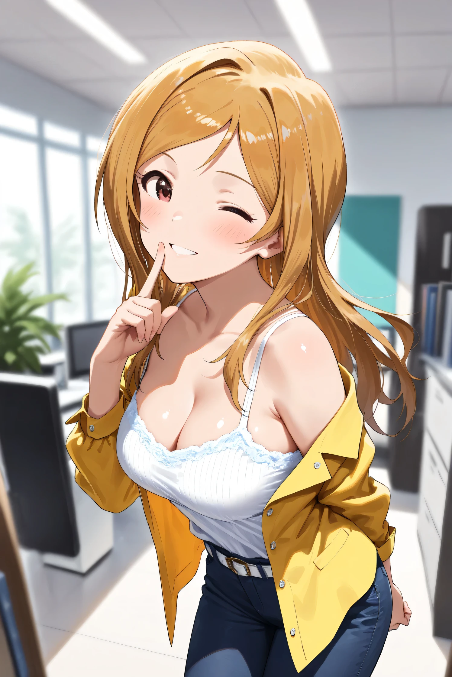 (Masterpiece), (Highest quality), (Very detailed),
(The best shape), (Best Shadow), (Absurd),
(Detailed background), (So beautiful), (Shiny),
(Extraordinary), (Countershading), (8k), (32K),
(High resolution), (Very Detailed CG), (UHD),
(Score_9), (Score_8_up), (Score_7_up),
(Source_anime), (Pastel painting:1.2),
(Watercolor painting:1.2),(Masterpiece, Detailed:1.2), (Foreshortening:1.2),
(Cinematic), (Dramatic), (Depth of field:1.4),
(Blurry background:1.4), (Realistic background:1.4),
(Dynamic angle), (1 girl),
(indoor), (office), (houseplants),
(Casual wear:1.3),
white camisole, open shirt, yellow shirt,
jeans, white belt,
(cowboy shot), (from side),
(Focus on face), (parted lips),
(Blush:1.3), (happy), (smile), (one eye closed),
(leaning forward), (put index finger on mouth),
(Realistic skin), (Shiny skin),
(Momose Rio),
(The idolmaster million live!),
(mirishita),
IMMomoRio, long hair, breasts, blonde hair, brown hair, red eyes, medium breasts, brown eyes, parted bangs, large breasts,