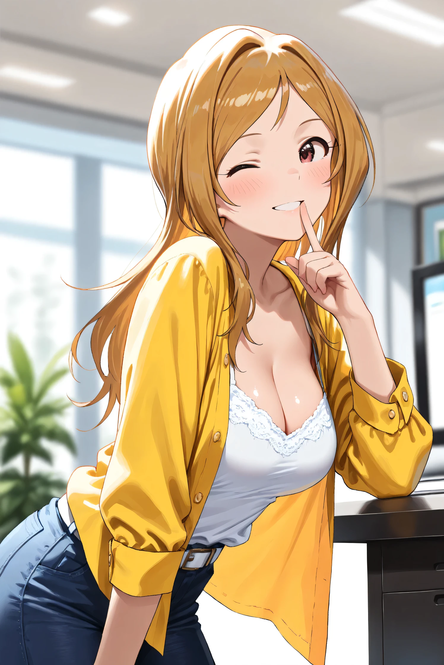 (Masterpiece), (Highest quality), (Very detailed),
(The best shape), (Best Shadow), (Absurd),
(Detailed background), (So beautiful), (Shiny),
(Extraordinary), (Countershading), (8k), (32K),
(High resolution), (Very Detailed CG), (UHD),
(Score_9), (Score_8_up), (Score_7_up),
(Source_anime), (Pastel painting:1.2),
(Watercolor painting:1.2),(Masterpiece, Detailed:1.2), (Foreshortening:1.2),
(Cinematic), (Dramatic), (Depth of field:1.4),
(Blurry background:1.4), (Realistic background:1.4),
(Dynamic angle), (1 girl),
(indoor), (office), (houseplants),
(Casual wear:1.3),
white camisole, open shirt, yellow shirt,
jeans, white belt,
(cowboy shot), (from side),
(Focus on face), (parted lips),
(Blush:1.3), (happy), (smile), (one eye closed),
(leaning forward), (put index finger on mouth),
(Realistic skin), (Shiny skin),
(Momose Rio),
(The idolmaster million live!),
(mirishita),
IMMomoRio, long hair, breasts, blonde hair, brown hair, red eyes, medium breasts, brown eyes, parted bangs, large breasts,