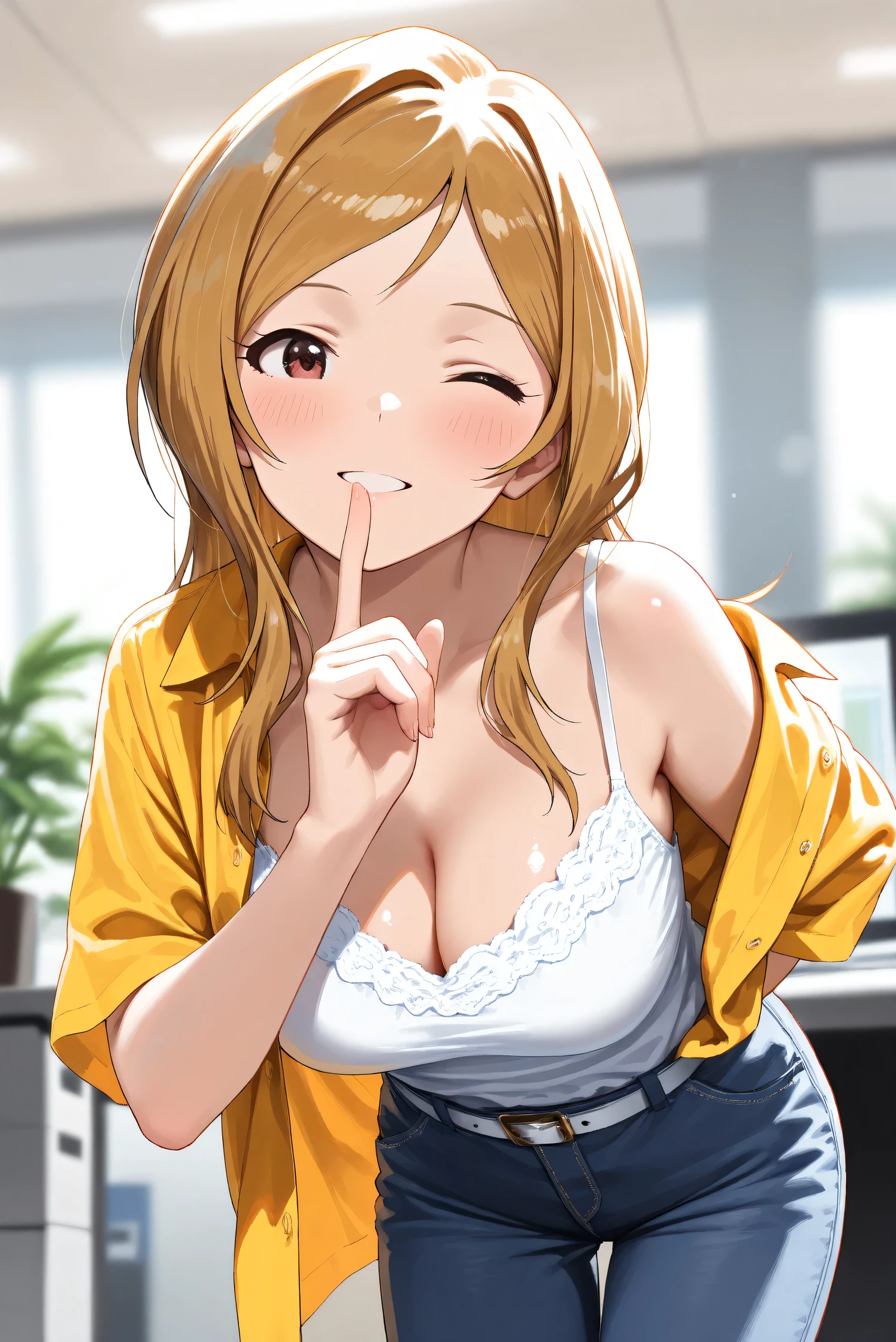 (Masterpiece), (Highest quality), (Very detailed),
(The best shape), (Best Shadow), (Absurd),
(Detailed background), (So beautiful), (Shiny),
(Extraordinary), (Countershading), (8k), (32K),
(High resolution), (Very Detailed CG), (UHD),
(Score_9), (Score_8_up), (Score_7_up),
(Source_anime), (Pastel painting:1.2),
(Watercolor painting:1.2),(Masterpiece, Detailed:1.2), (Foreshortening:1.2),
(Cinematic), (Dramatic), (Depth of field:1.4),
(Blurry background:1.4), (Realistic background:1.4),
(Dynamic angle), (1 girl),
(indoor), (office), (houseplants),
(Casual wear:1.3),
white camisole, open shirt, yellow shirt, big shirt,
jeans, white belt,
(cowboy shot), (from side),
(Focus on face), (parted lips),
(Blush:1.3), (happy), (smile), (one eye closed),
(leaning forward), (put index finger on mouth),
(Realistic skin), (Shiny skin),
(Momose Rio),
(The idolmaster million live!),
(mirishita),
IMMomoRio, long hair, breasts, blonde hair, brown hair, red eyes, medium breasts, brown eyes, parted bangs, large breasts,