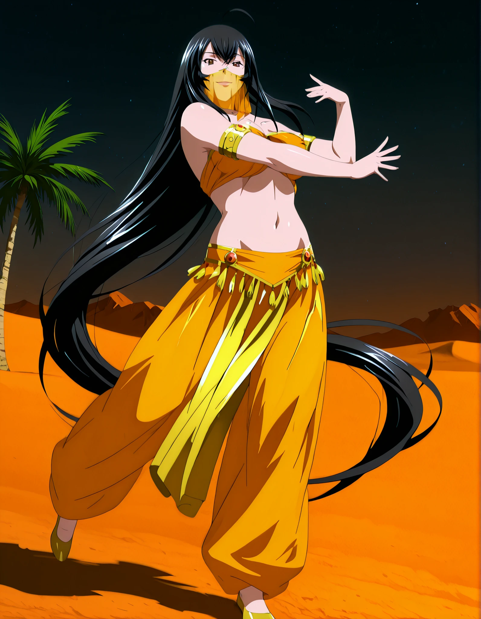 (1girl:1 . 5) , (Seul:1 . 5) , score_9 , score_8_haut , score_7_haut , source_anime , Official work , ultra-detailed , masterpiece , best quality , high resolution , beaux yeux , detailed eyes , Detailed face , beautiful detailed eyes,1girl,very long hair, black hair, ahoge, brown eyes, red ribbon,Ikkitousen,Shifu Choushou,Arabian Clothes , Arabian Dancer Outfit ,belly dancer costume,belly dancer outfit ,full body,golden jewelery,mouth veil,armlet, belly dancing,night,desert lands,palm tree,seductive smile, dancing with veil, dynamic movement,dance posture, pose