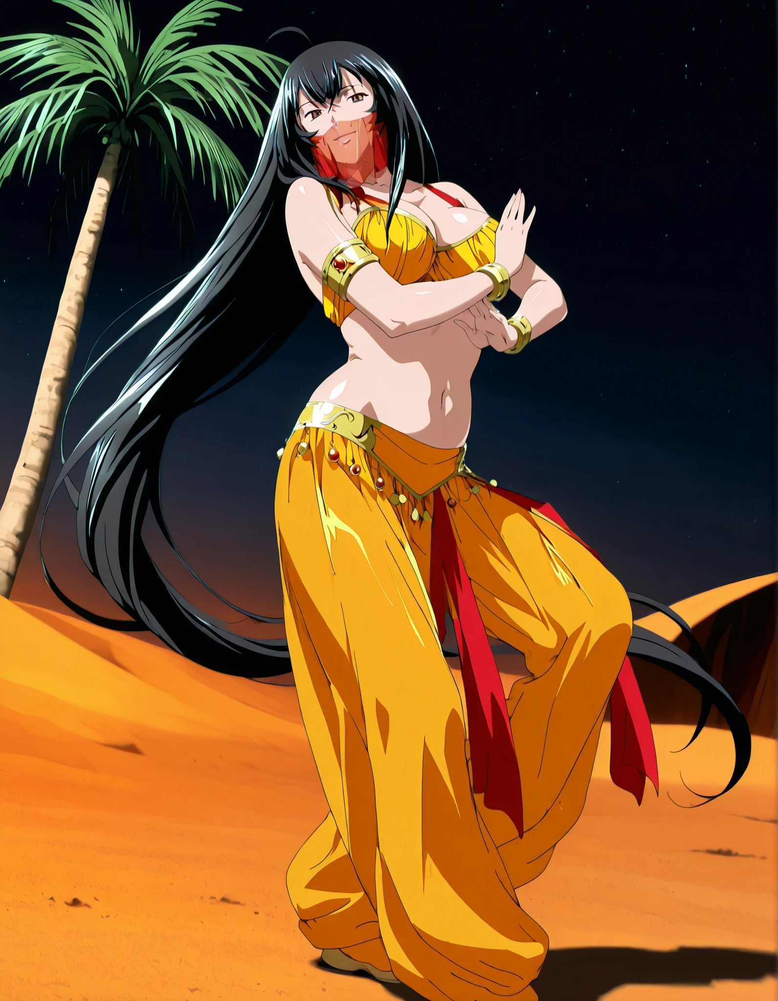 (1girl:1 . 5) , (Seul:1 . 5) , score_9 , score_8_haut , score_7_haut , source_anime , Official work , ultra-detailed , masterpiece , best quality , high resolution , beaux yeux , detailed eyes , Detailed face , beautiful detailed eyes,1girl,very long hair, black hair, ahoge, brown eyes, red ribbon,Ikkitousen,Shifu Choushou,Arabian Clothes , Arabian Dancer Outfit ,belly dancer costume,belly dancer outfit ,full body,golden jewelery,mouth veil,armlet, belly dancing,night,desert lands,palm tree,seductive smile, dancing with veil, dynamic movement,dance posture, pose