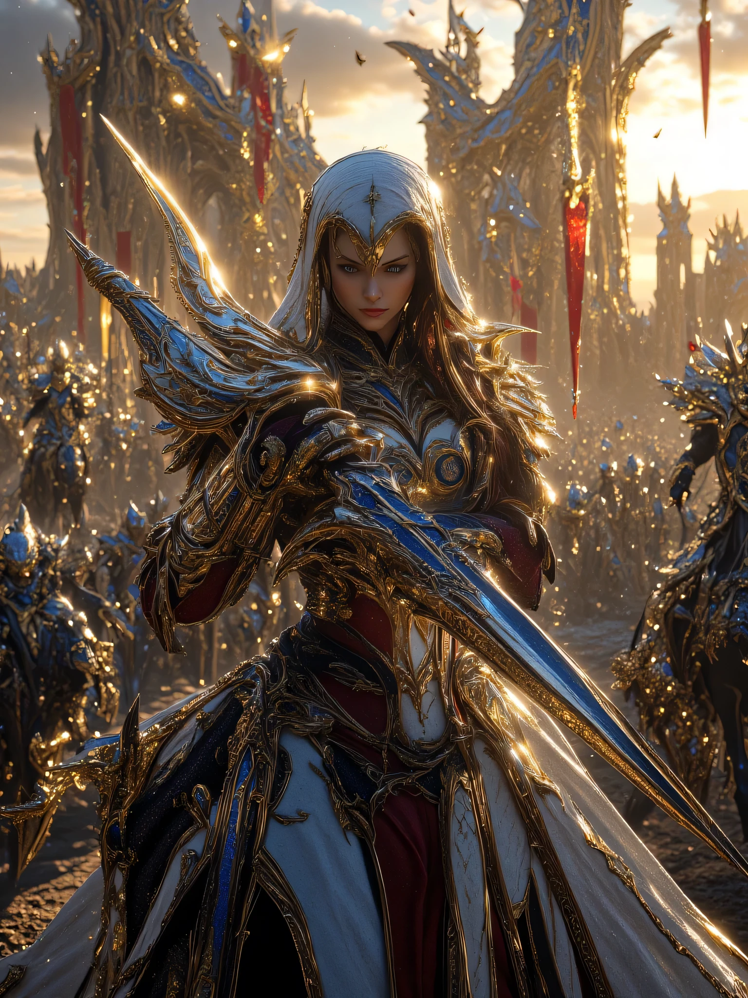 A fierce Caucasian female warrior, approximately 25 years old, with long reddish-brown hair falling down her shoulders, bright blue eyes, appears in the midst of a chaotic battlefield scene. She wears elaborate armor, decorated with gold leaf and aged iron, and crimson cloth is adorned underneath, highlighting the waist. A white hooded cloak with intricate embroidery protects her head and shoulders. She holds a sword in one hand, the blade gleaming, expressing determination and commitment, ready for battle. Two swords are sheathed on her back. A warrior on a black horse stands amidst the charging cavalry. The background is filled with blurry figures and flags, reminiscent of a historical scene with a blend of medieval aesthetics. The composition is a vibrant neutral image, emphasizing the warrior's stance and determined power. The scene is lit with stunning natural light, mixing warm and cool tones. Cinematic and dramatic lighting. Realistic details. 8k historical art style. --ar 2:3 --q 2 --s 750