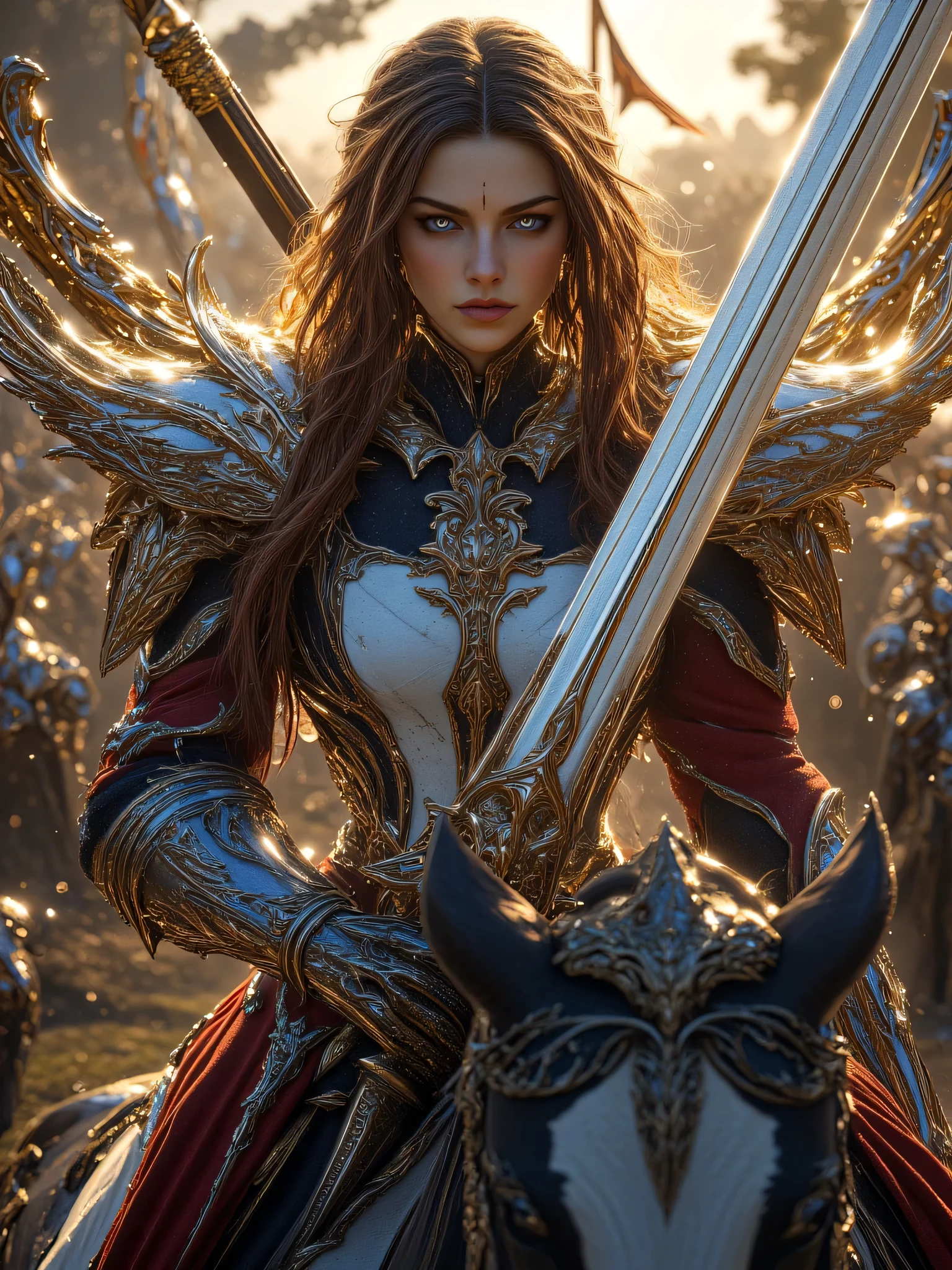 A fierce Caucasian female warrior, approximately 25 years old, with long reddish-brown hair falling down her shoulders, bright blue eyes, appears in the midst of a chaotic battlefield scene. She wears elaborate armor, decorated with gold leaf and aged iron, and crimson cloth is adorned underneath, highlighting the waist. A white hooded cloak with intricate embroidery protects her head and shoulders. She holds a sword in one hand, the blade gleaming, expressing determination and commitment, ready for battle. Two swords are sheathed on her back. A warrior on a black horse stands amidst the charging cavalry. The background is filled with blurry figures and flags, reminiscent of a historical scene with a blend of medieval aesthetics. The composition is a vibrant neutral image, emphasizing the warrior's stance and determined power. The scene is lit with stunning natural light, mixing warm and cool tones. Cinematic and dramatic lighting. Realistic details. 8k historical art style. --ar 2:3 --q 2 --s 750