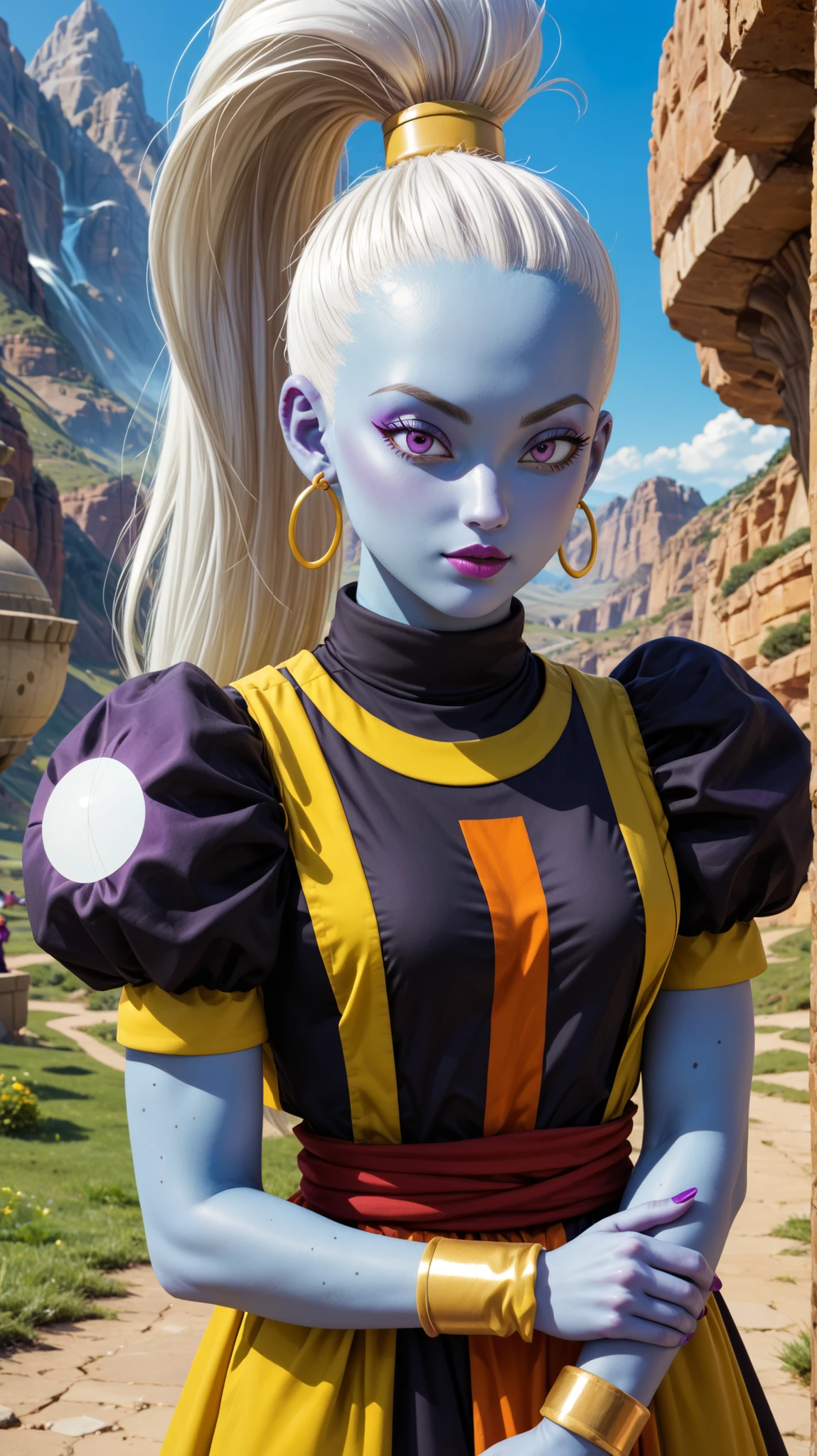 (masterpiece), best quality, expressive eyes, perfect face, solo vados , wearing earings,bangles, 30 year old women perfect breasts perfect thigs facing towards screen parted lips feminine figure body,blue_skin dragon_ball dragon_ball_super female hair_pulled_back high_ponytail mature_female purple_eyes vados white_hair
