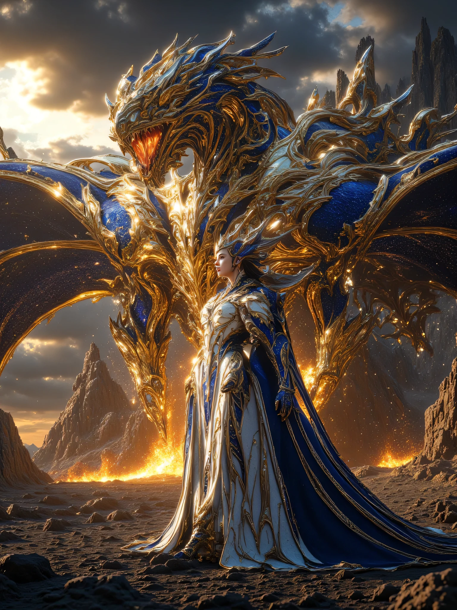 Generate an image of a dragon Queen facing the viewer , A fierce Dragon behind her breathing fire